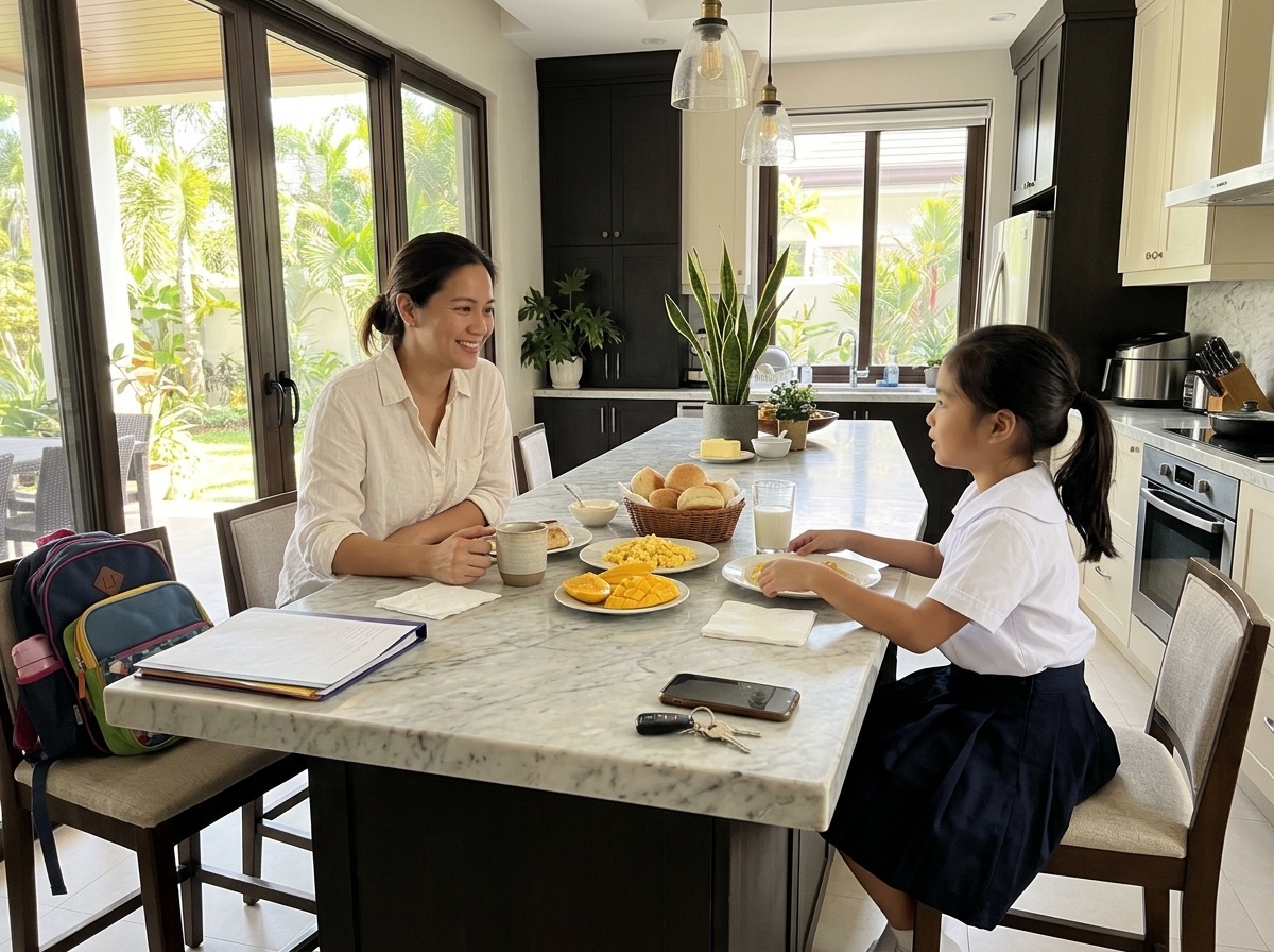 Rested mother on a bright morning at home