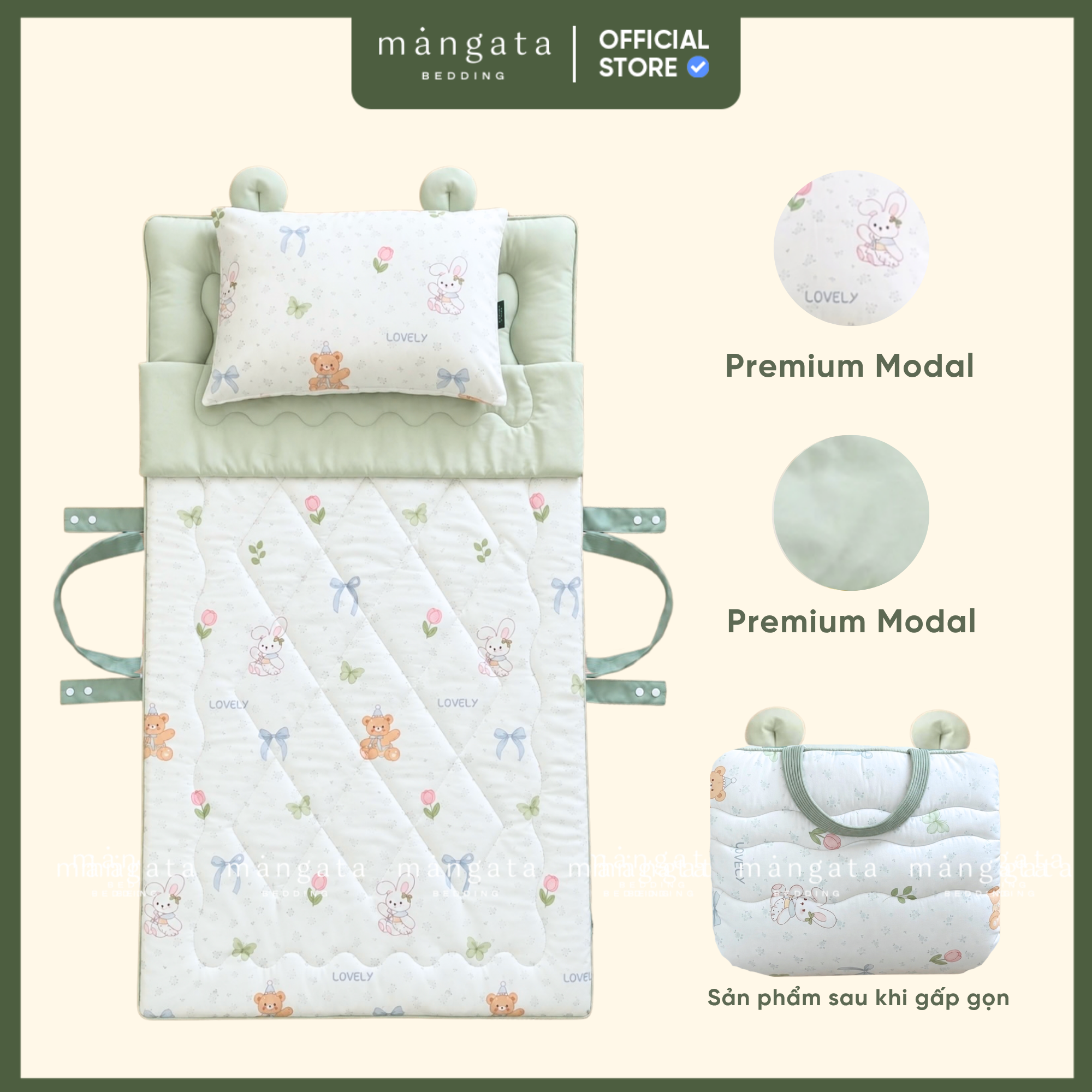 Mẫu Gấu thỏ lovely - Bộ chăn gối gấp gọn đi học 
