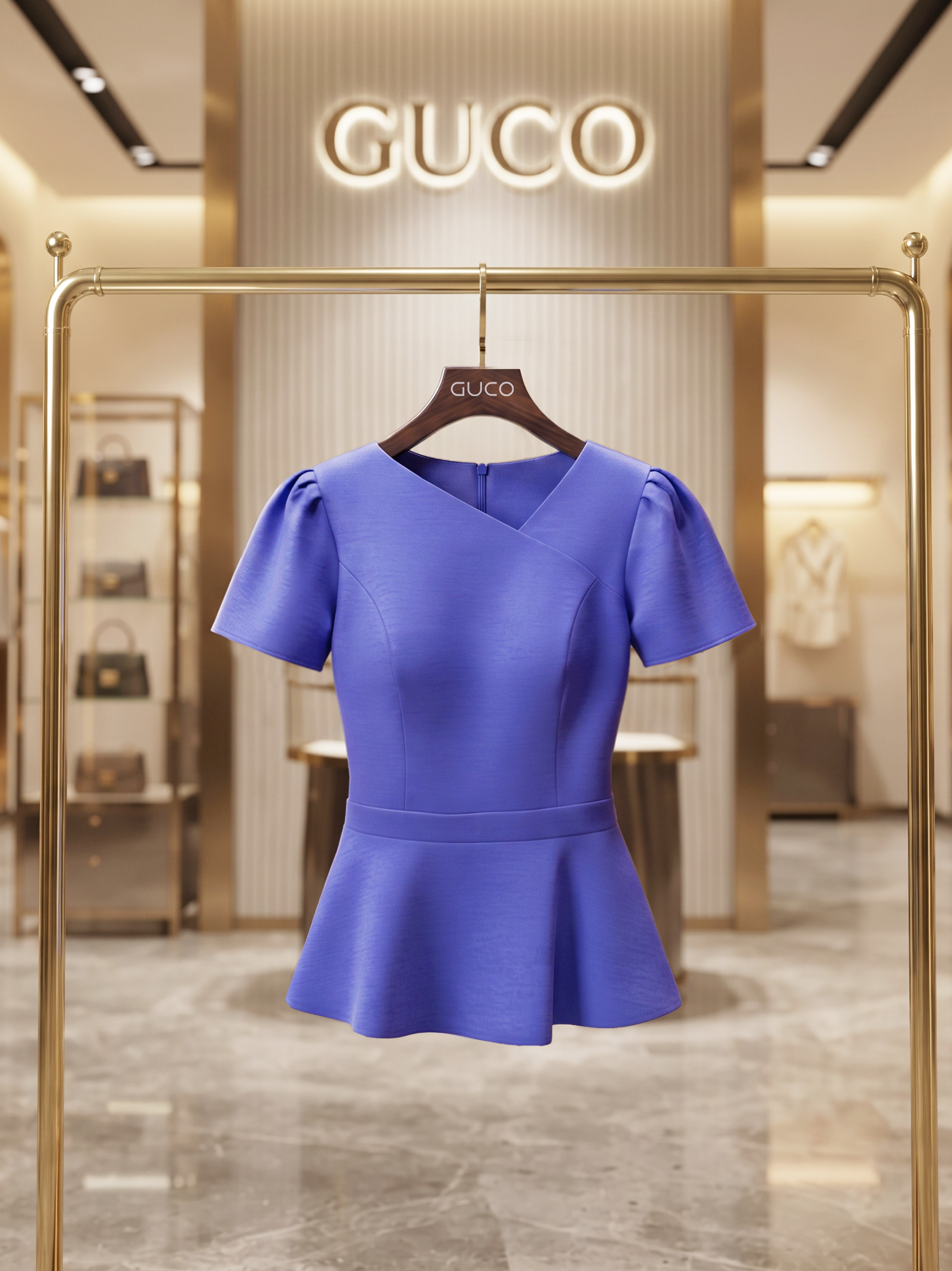 Áo Kiểu Peplum Xanh Cổ Chéo - A725