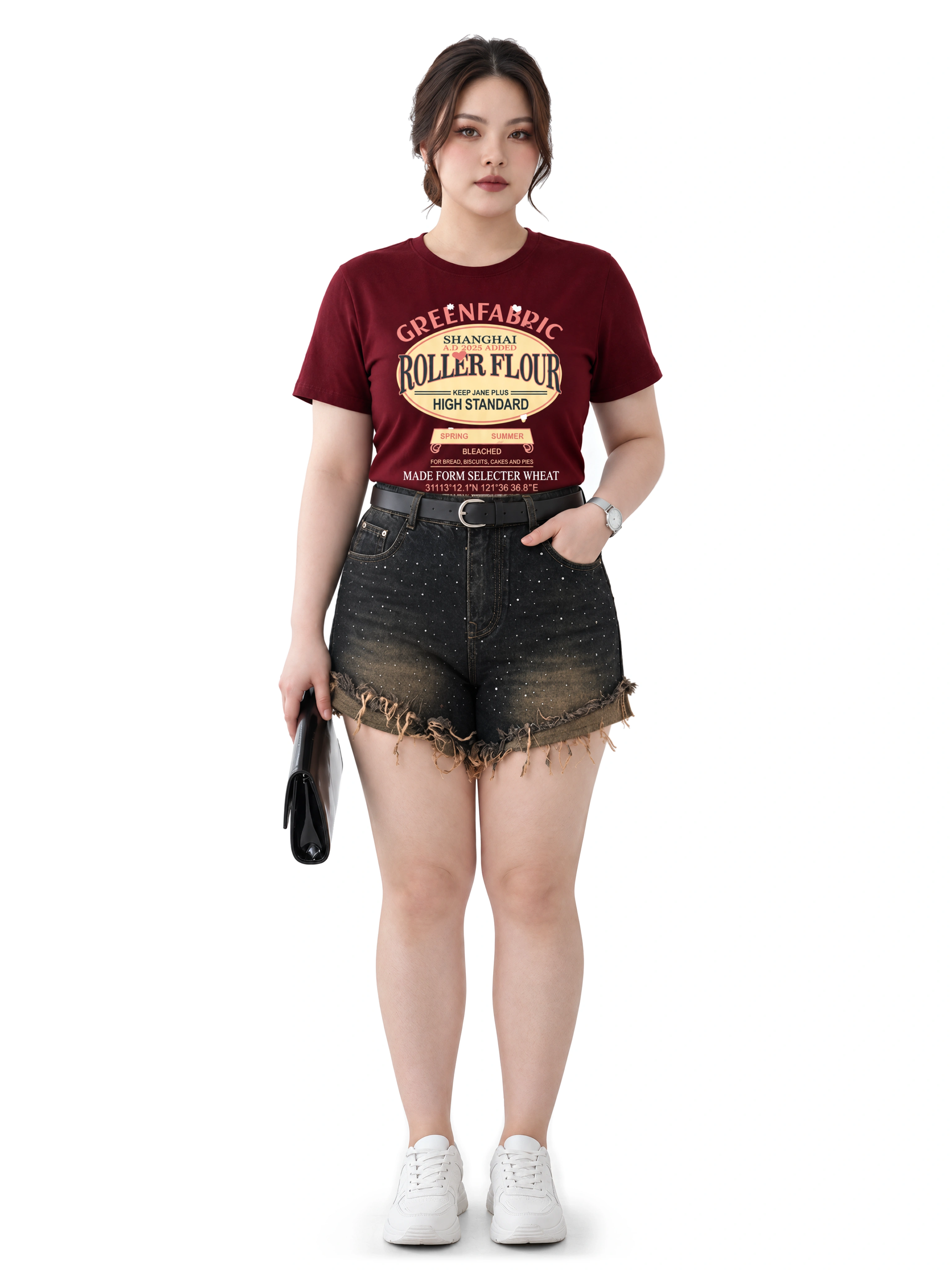 Plus-Size Black Rhinestone Denim Shorts T-QSJ10036
