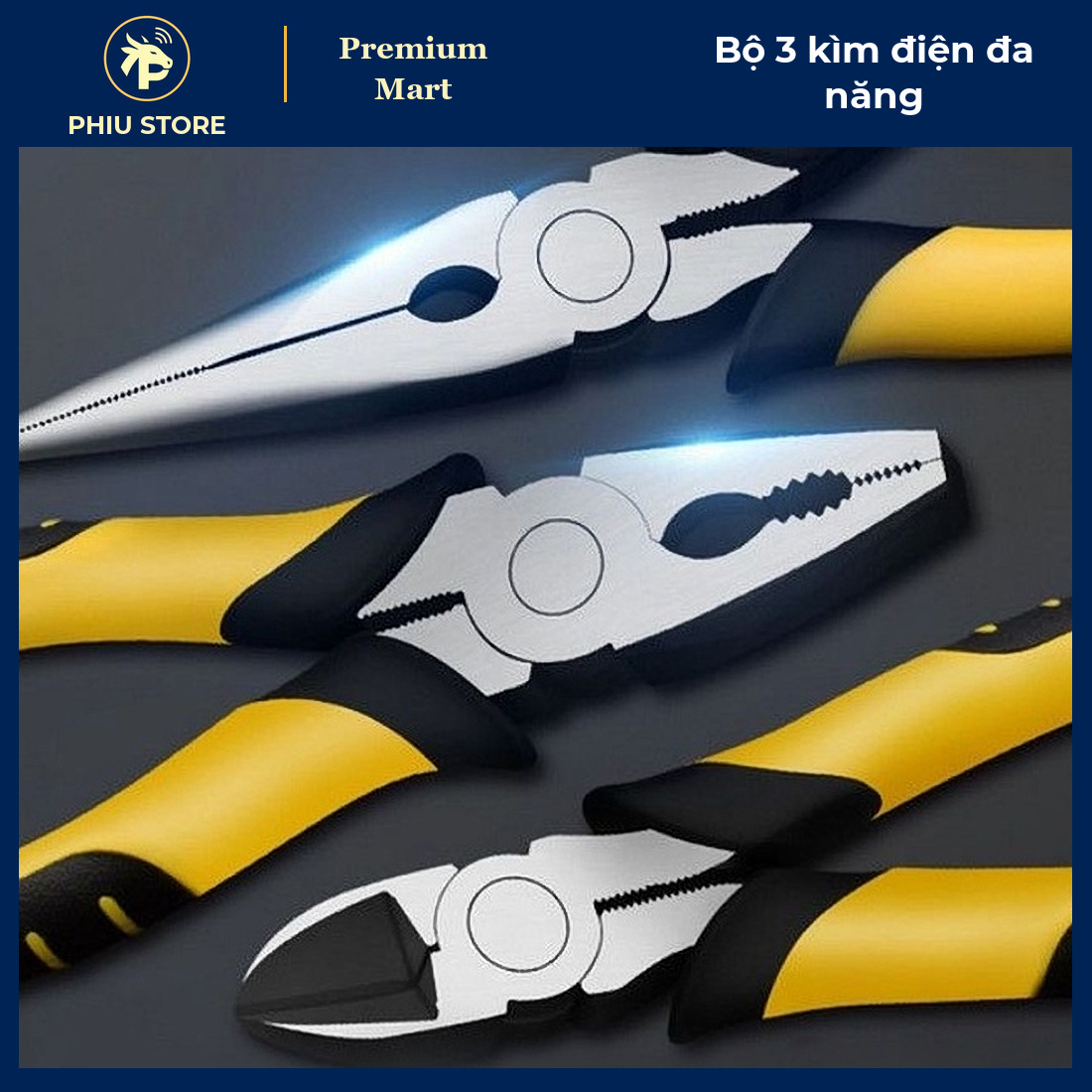Bộ 3 Kìm Điện Đa Năng: Kìm Điện 8 Inch, Kìm Mũi Nhọn 8 Inch, Kìm Cắt 6 Inch Thép CR-V Tay Cầm Vàng Đen - PHIU STORE