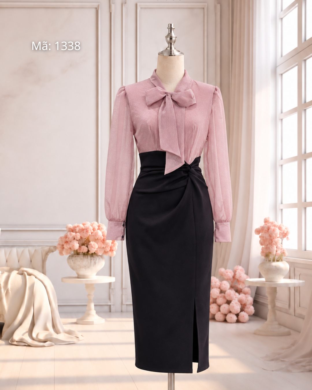 Đầm Bút Chì Xoắn Eo Cổ Nơ
