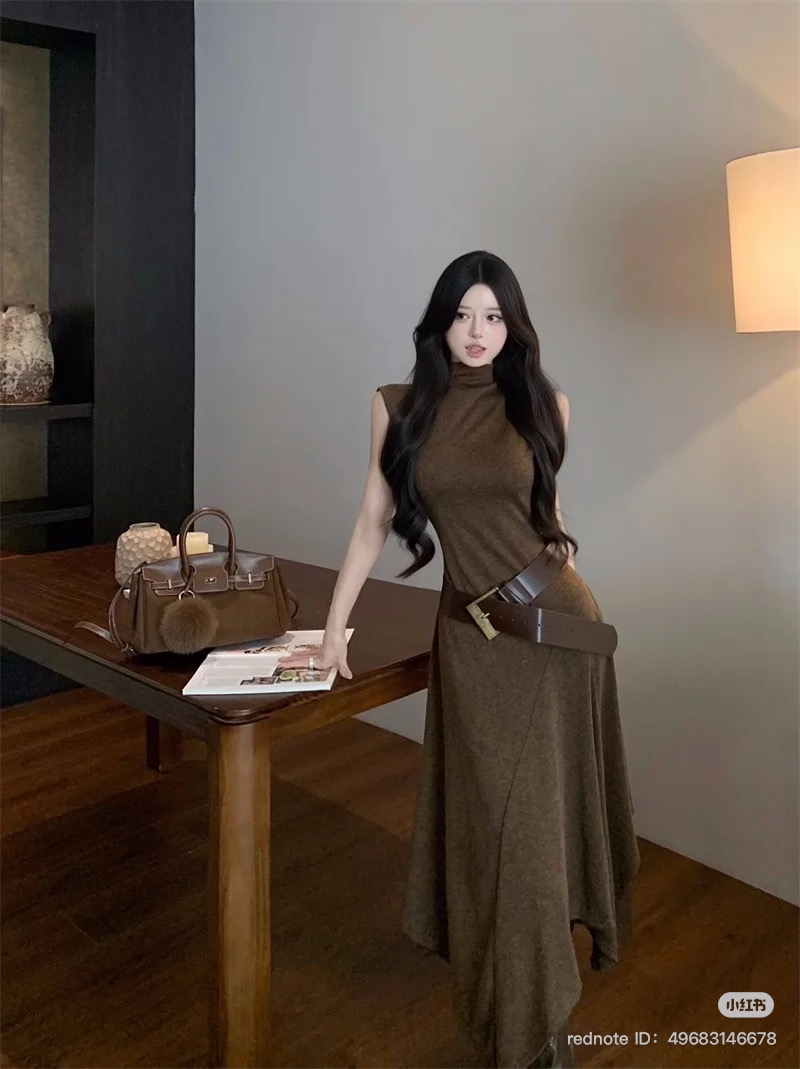 Lucas - Váy thun len cổ dựng zile chân may phối xéo lệch + belt_thumbnail_3