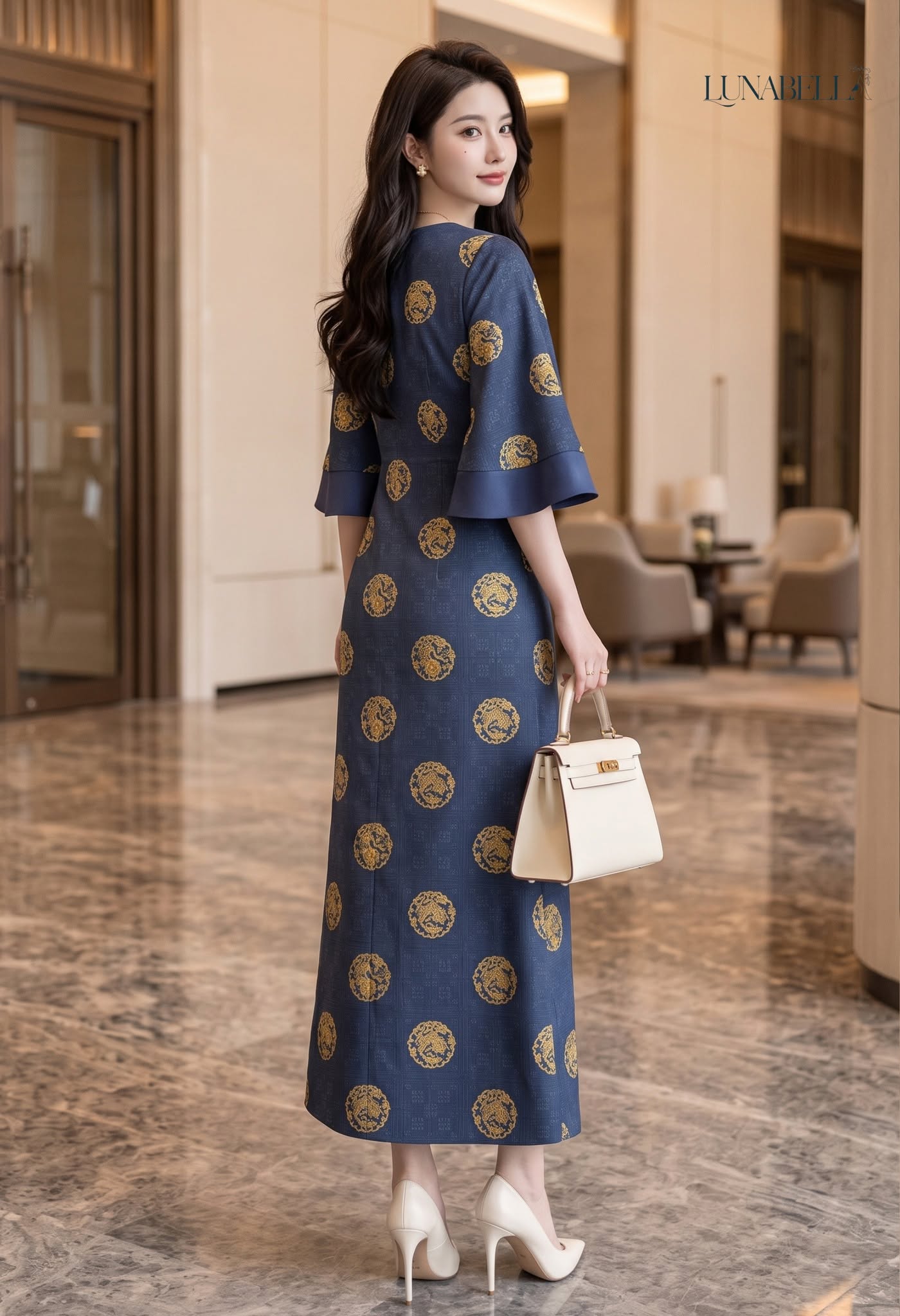 Váy dài cổ tròn tay loe RELIA màu XANH NAVY_thumbnail_1