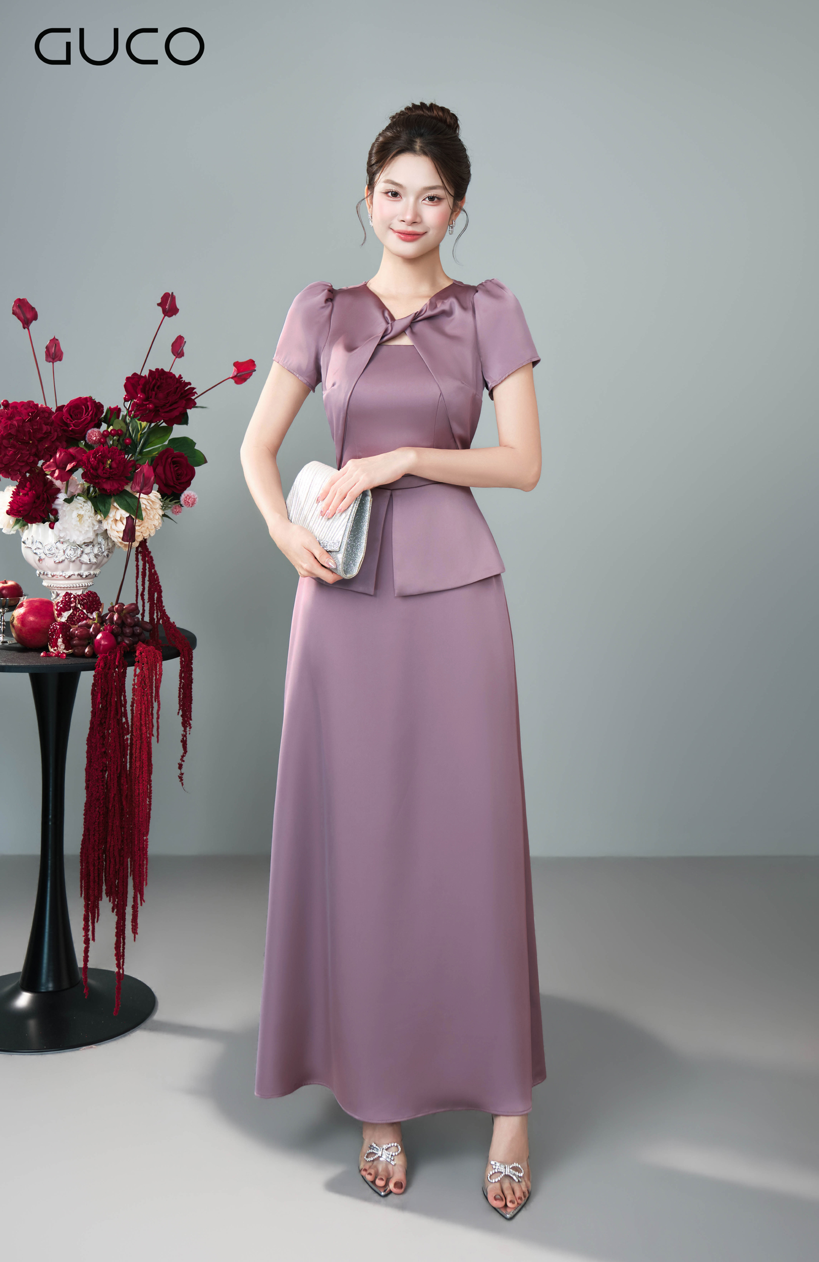 Đầm Dạ Hội Hồng Peplum Cổ Xoắn - 5298