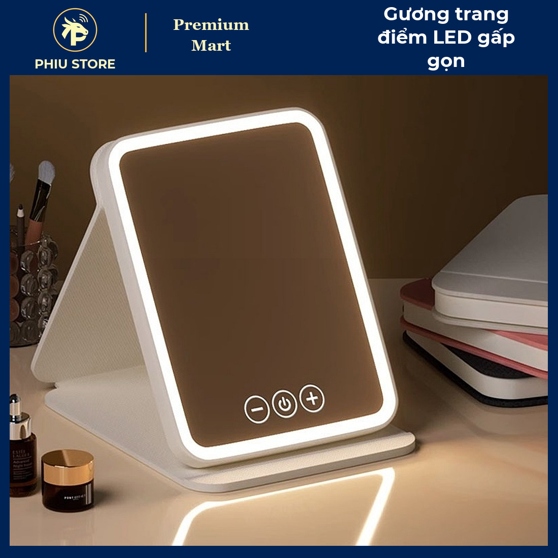 Gương Trang Điểm Có Đèn LED Gấp Gọn 3 Chế Độ Sáng, Pin Sạc 2400mAh, Để Bàn Mang Du Lịch - PHIU STORE