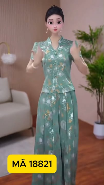 18821-Set bộ áo kèm quần  lụa xanh đậu ( lụa)