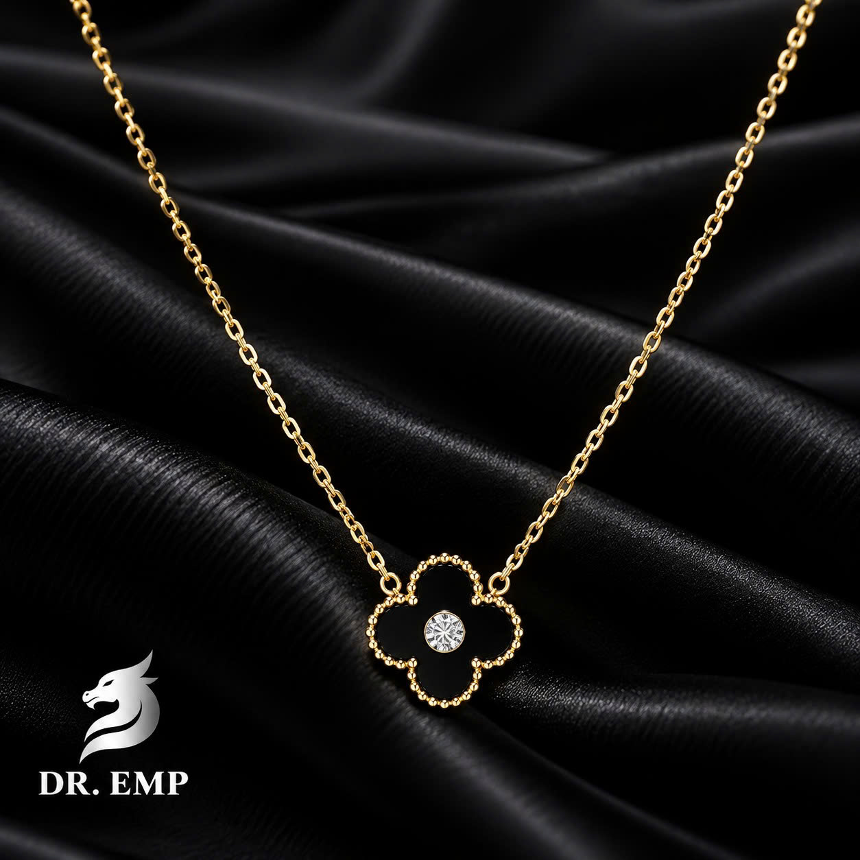 vòng cổ van cleef charm đen đính kim cương trắng to viền bi vàng_thumbnail_2