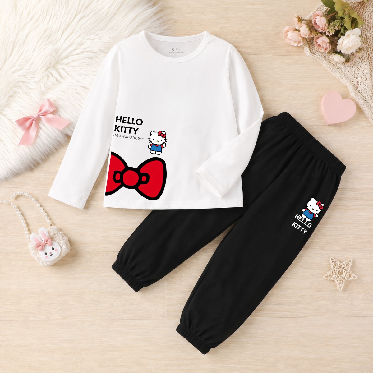 Set bộ Thu - Đông chất liệu cotton cho  bé gái  in hình nơ Mèo Hello Kitty - Loza Kids BW715_thumbnail_0