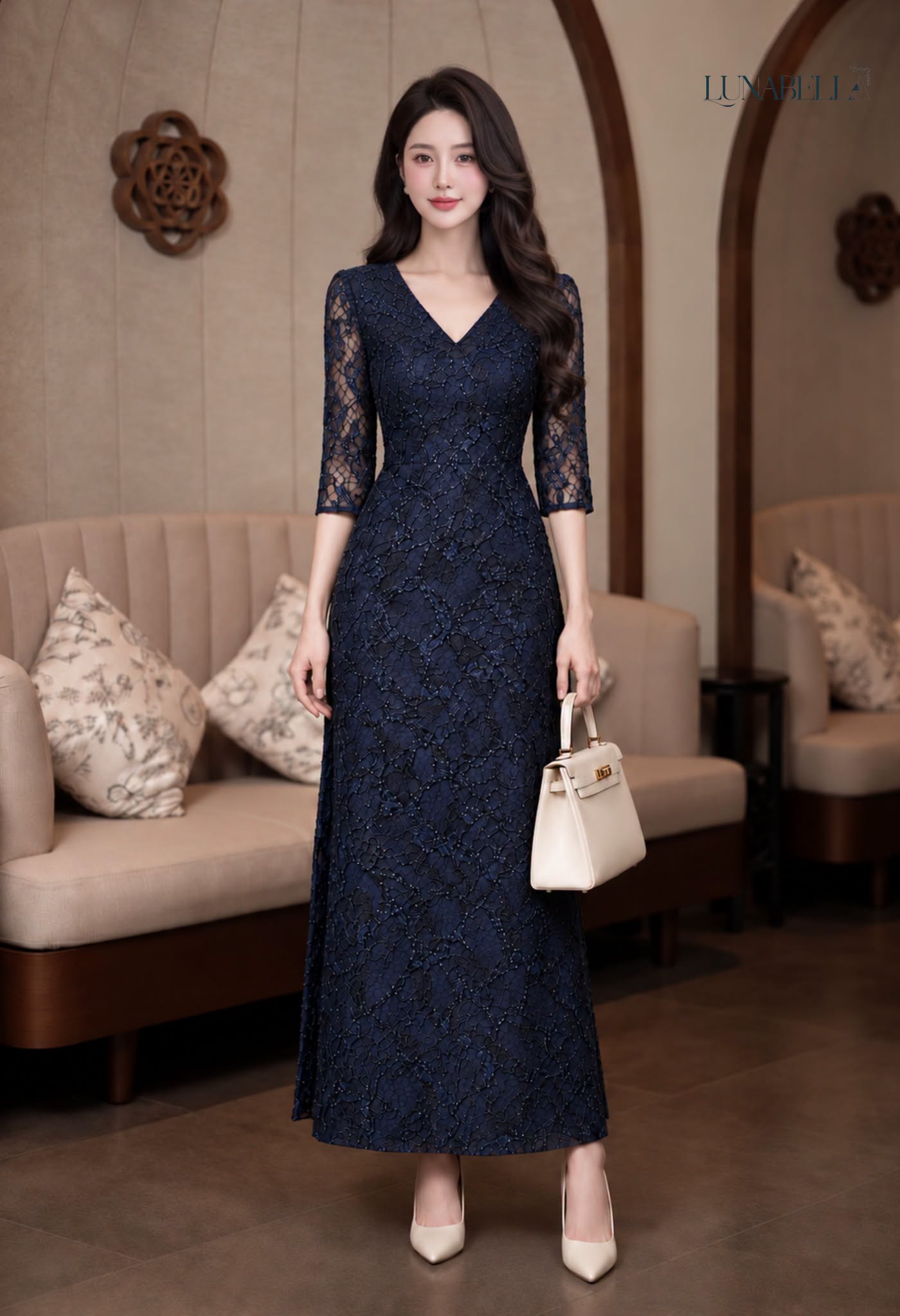 Váy ren dài mix kim tuyến NAVELA màu XANH NAVY