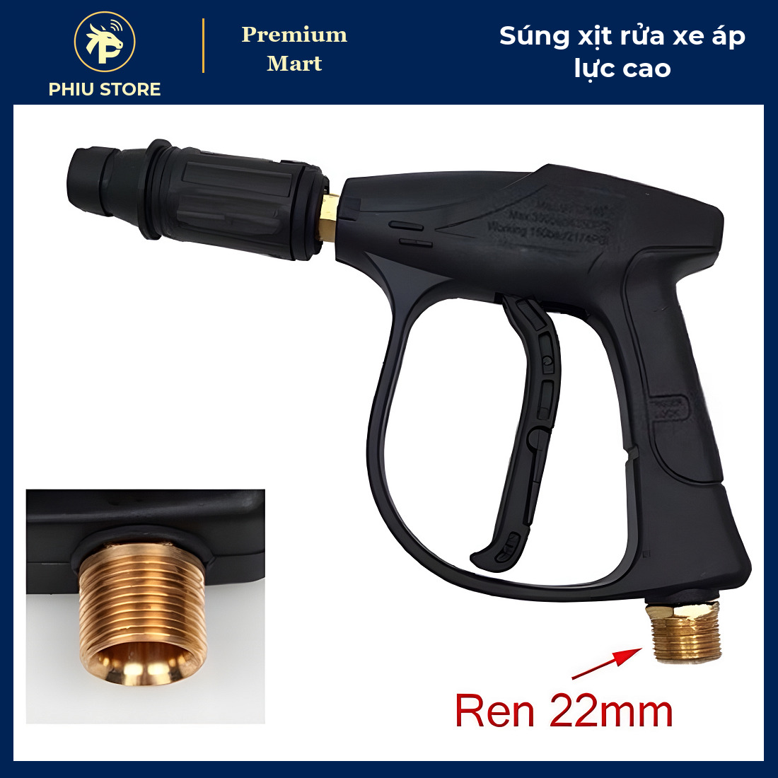 Súng Xịt Rửa Xe Áp Lực Cao Thân Nhựa ABS Ren 22 mm, 14 mm Có Chỉnh Tia, Có Bản Kèm Cần Nối Dài 20 cm - PHIU STORE