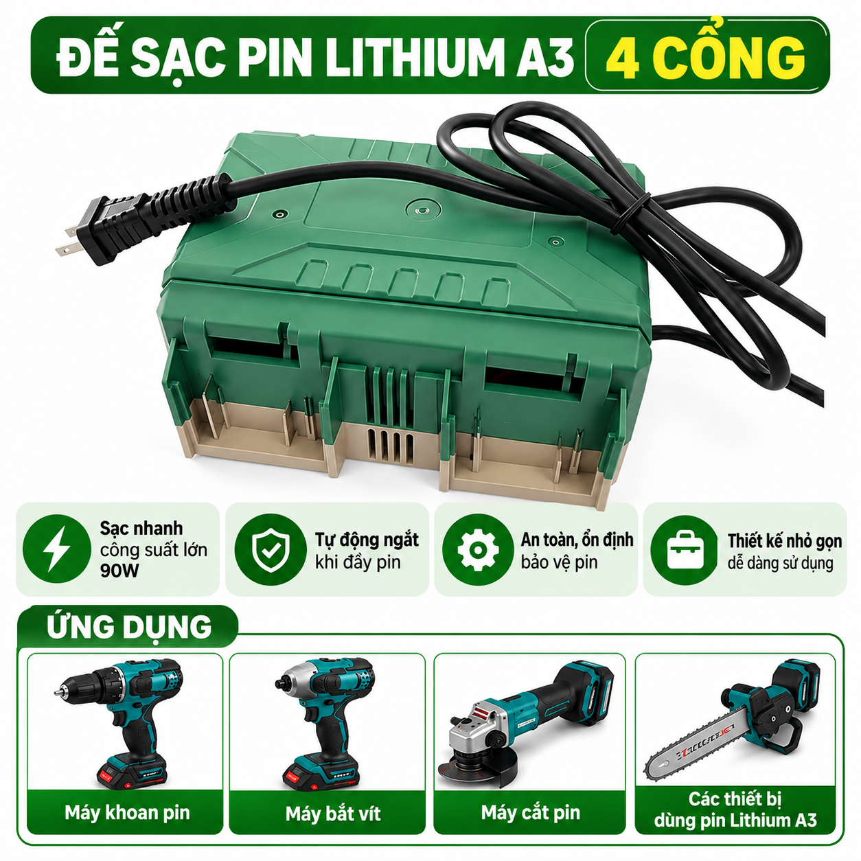 Bộ sạc pin 4 cổng pin makita, pin Lithium phổ thông- Bộ sạc thông minh, sạc nhanh, tự ngắt an toàn_thumbnail_2