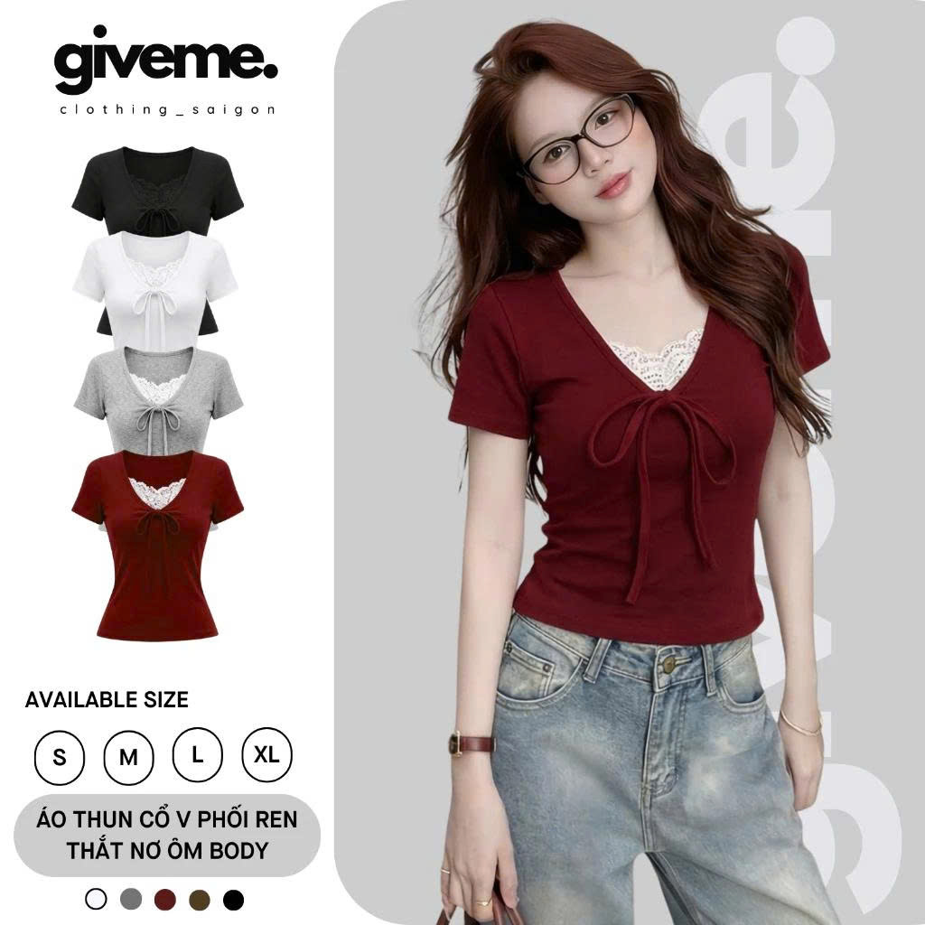 Áo cổ tim tay ngắn phối ren - RTN001