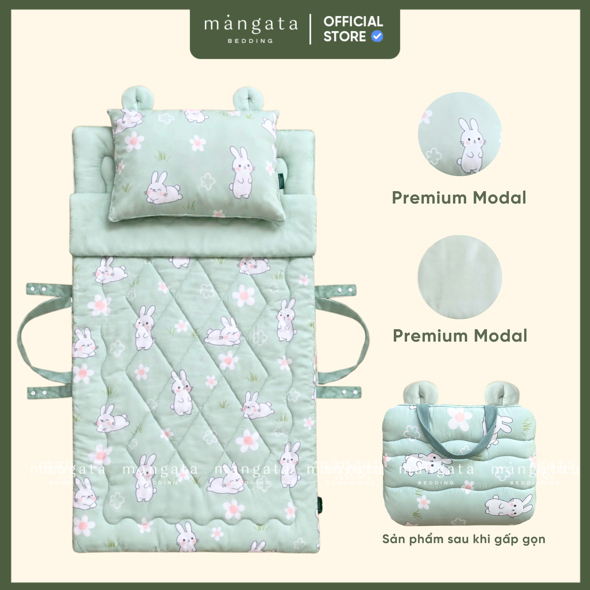 Mẫu Thỏ mint - Bộ chăn gối gấp gọn đi học 