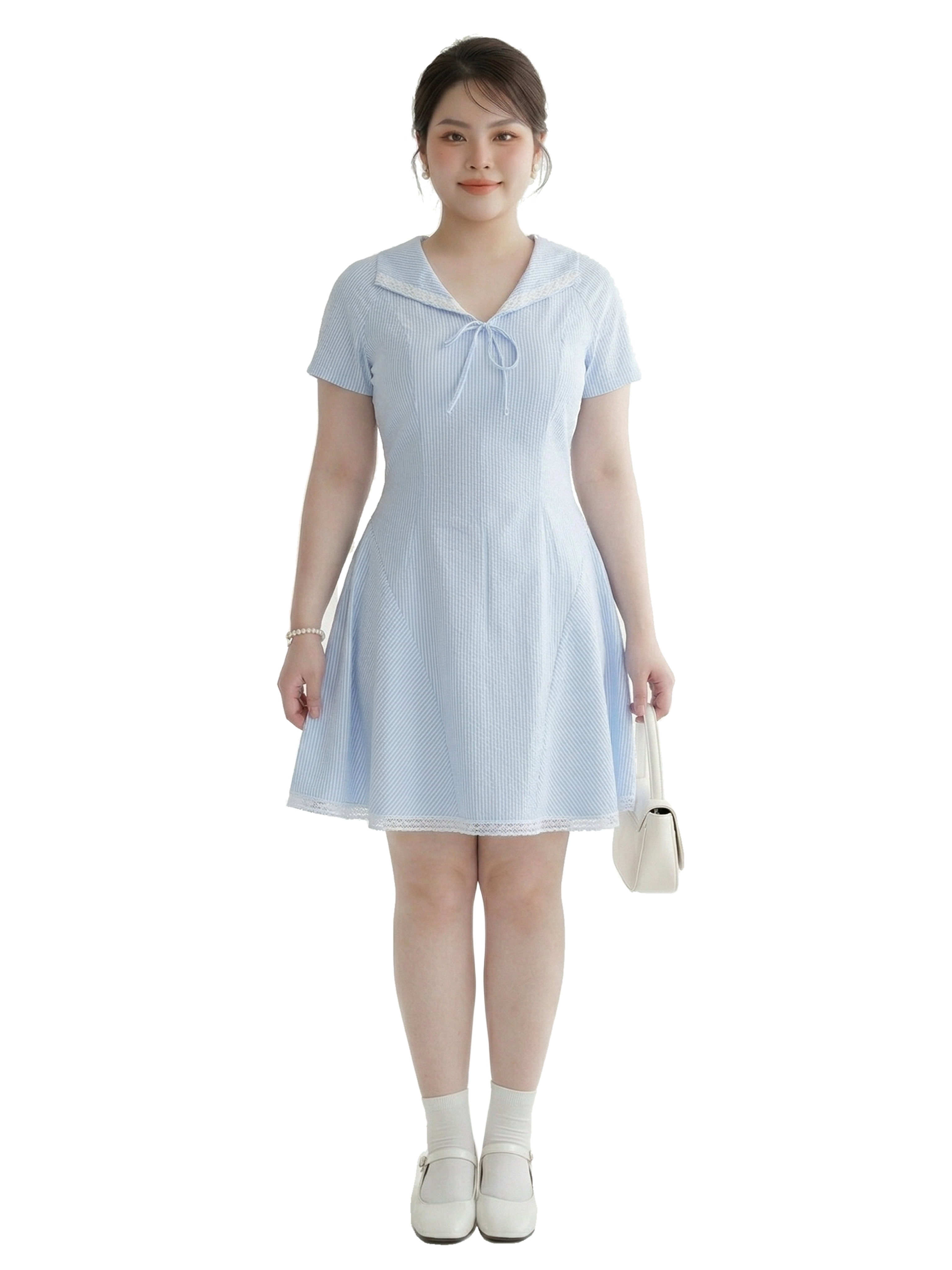Đầm Dáng A Sọc Phối Ren Bigsize Cổ Nơ Gọn Eo Che Bắp Tay Nhẹ - Xanh Trắng - Vừa 55-95kg - DA173