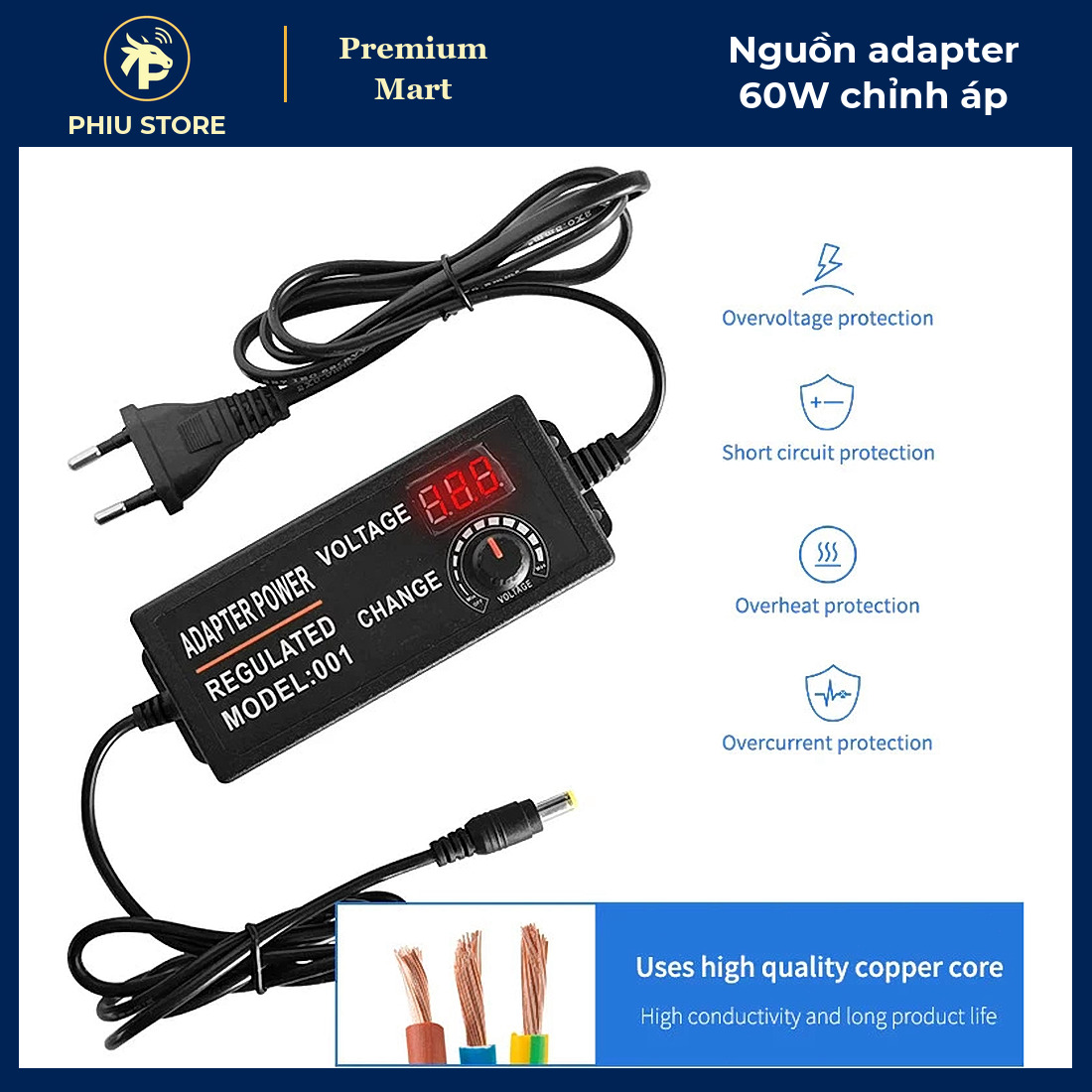 Bộ Nguồn Adapter 60W 5A Chỉnh Điện Áp 3–12V Có Màn Hình LED - Chạy Động Cơ Mini, Dải Đèn LED, Router - PHIU STORE_thumbnail_5