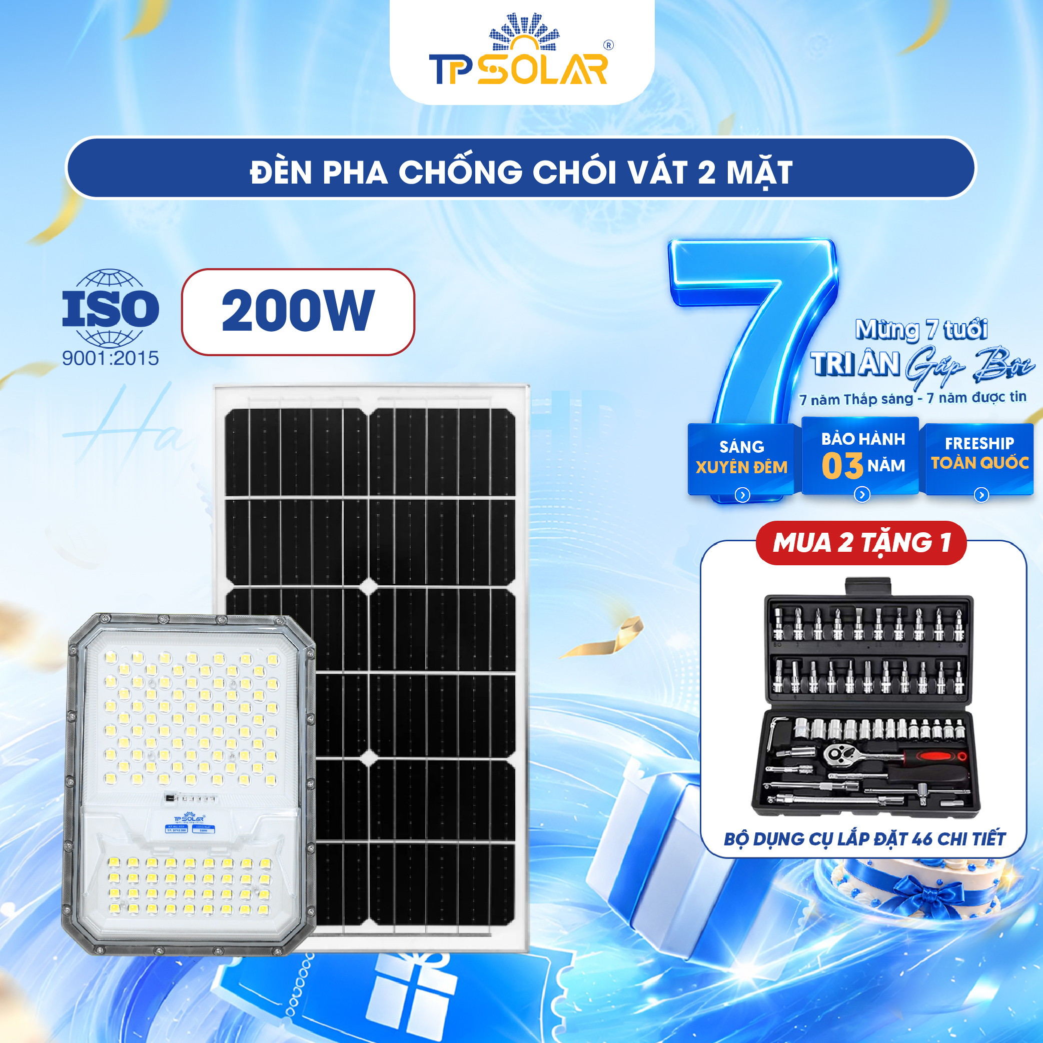 Đèn pha chống chói vát 2 mặt năng lượng mặt trời TP.DP12