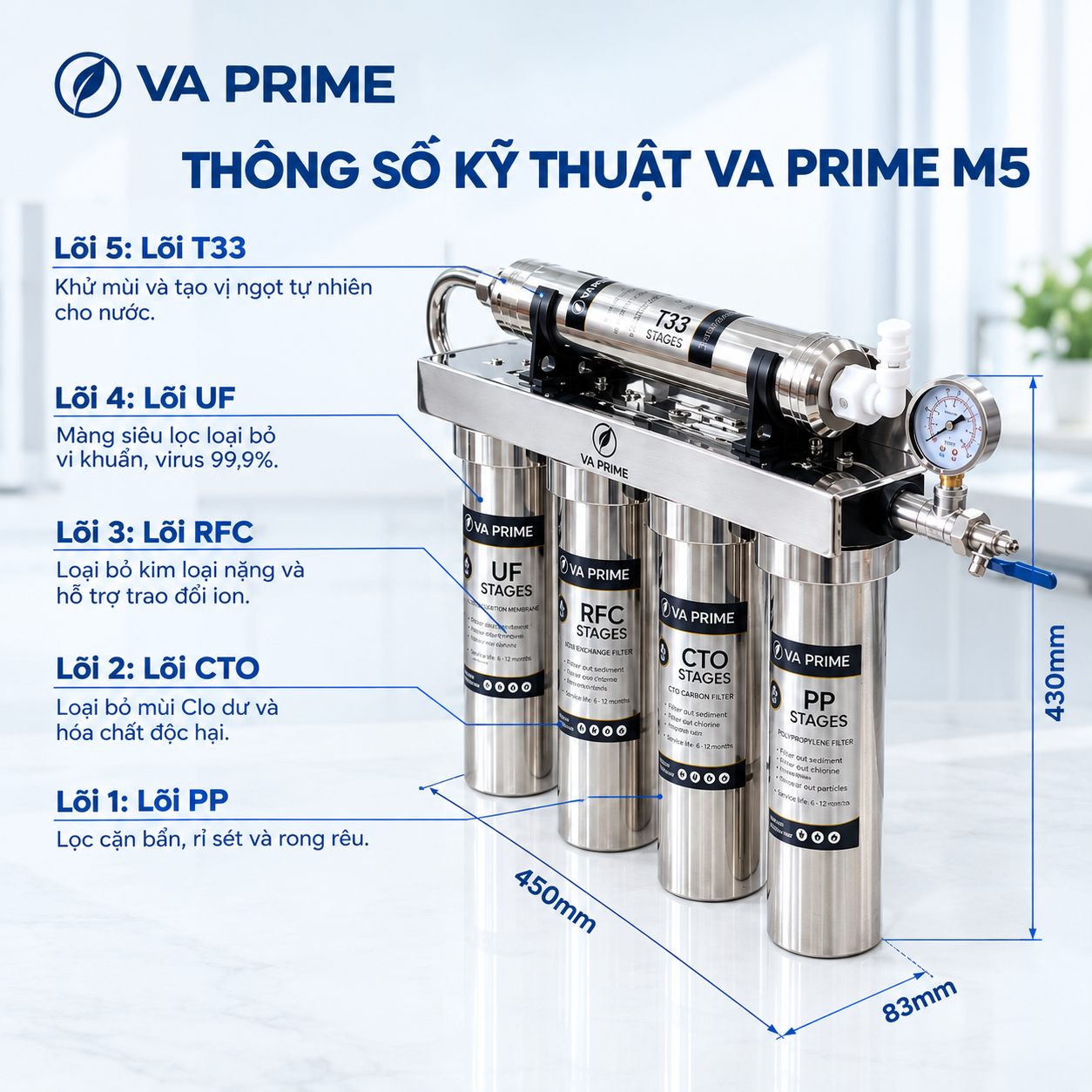 (Tặng lõi lọc PP) Máy lọc nước VA PRIME M5 (VA-M5) (Khách hàng tự lắp đặt)