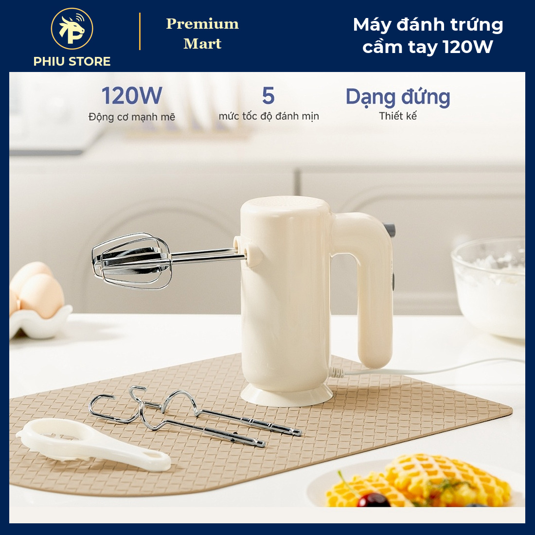 Máy Đánh Trứng Cầm Tay 120W 5 Mức Tốc Độ Kèm 4 Que Đánh Trứng, Nhào Bột - Máy Đánh Kem, Trộn Bột Làm Bánh - PHIU STORE