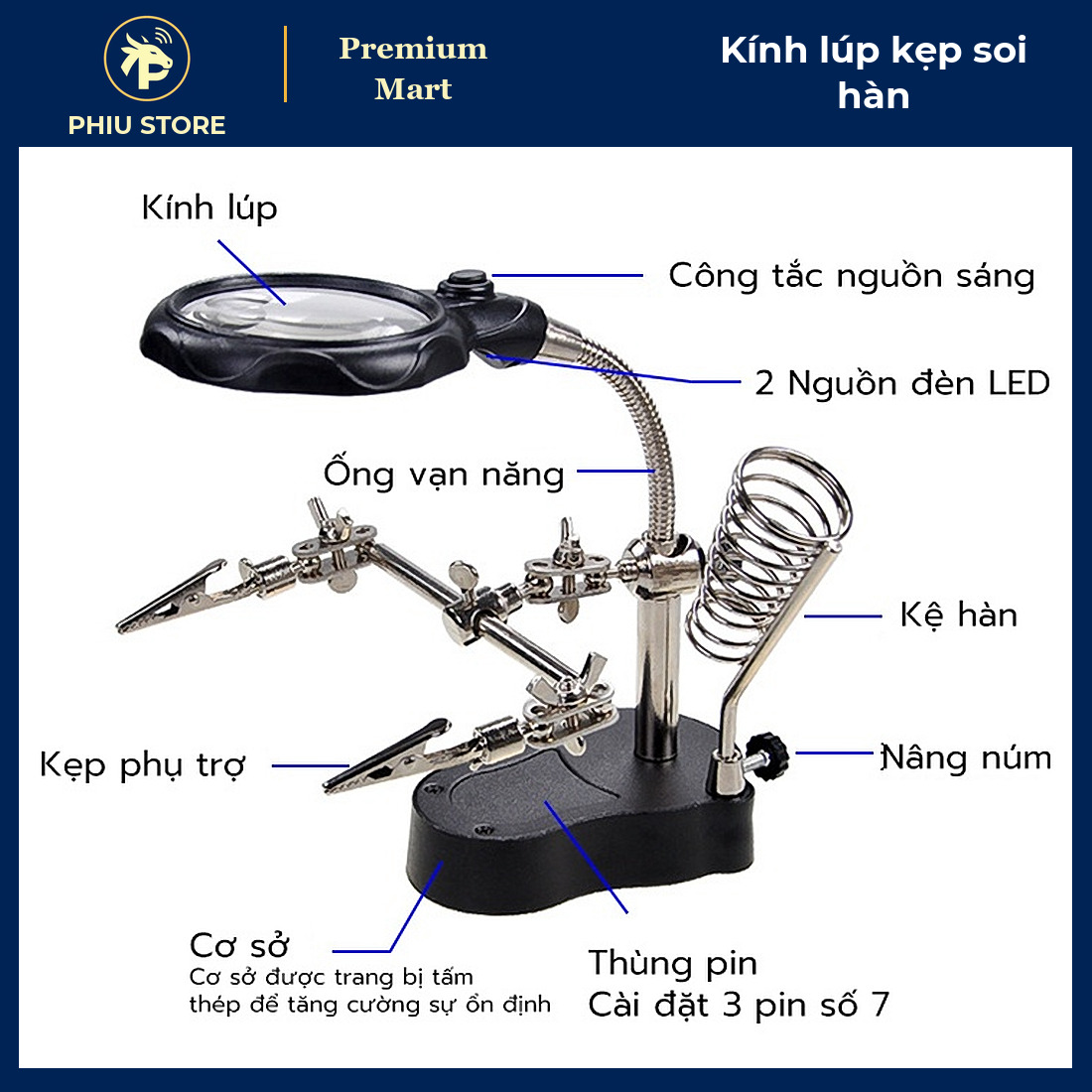 Kính Lúp Để Bàn Có 2 Đèn LED, 2 Kẹp Phụ Trợ Và Giá Gác Mỏ Hàn - Soi Mạch Điện Tử, Kẹp Board Hàn Linh Kiện - PHIU STORE_thumbnail_2