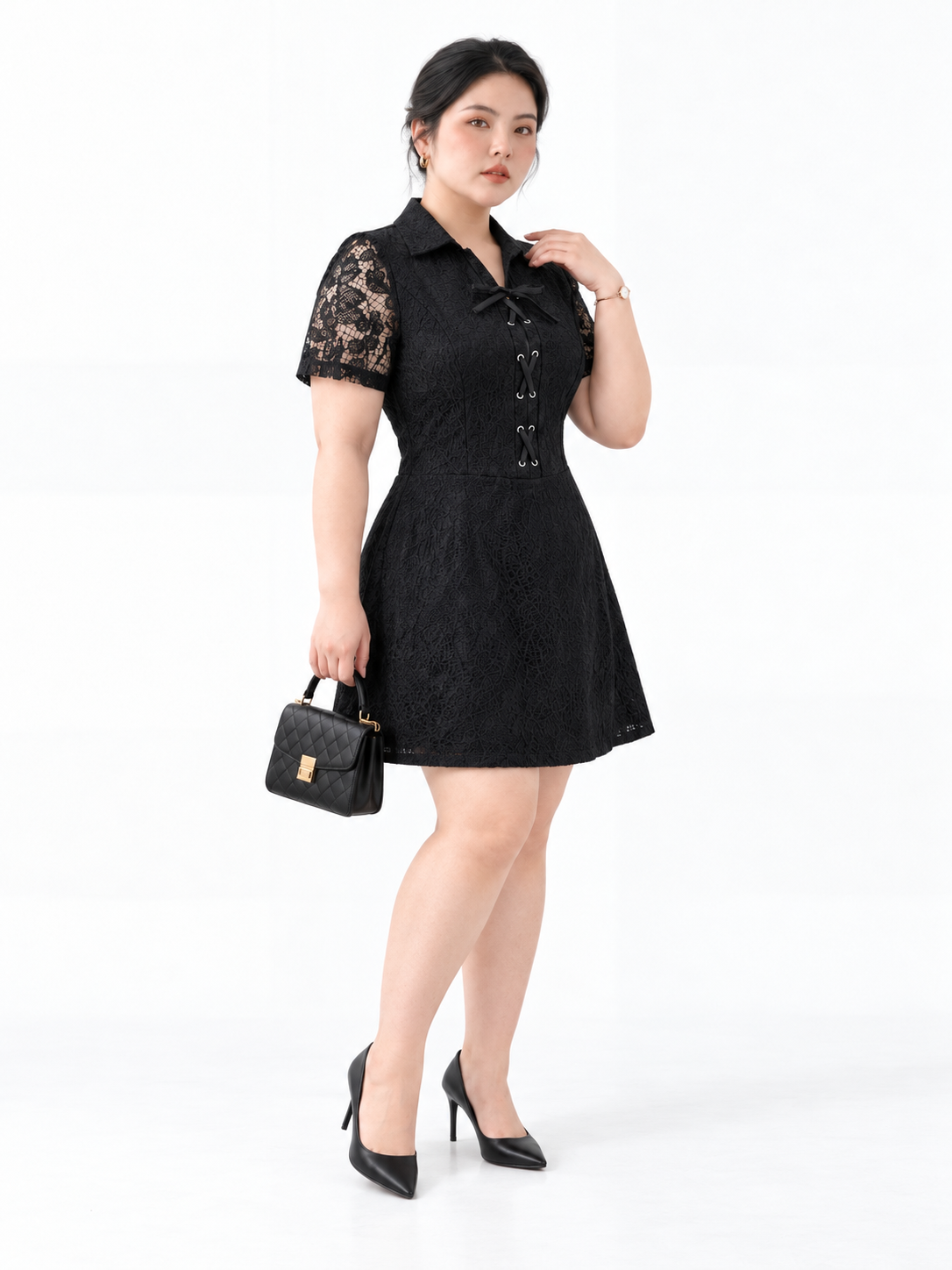 Đầm Ren Hoa Sen Phối Khoen Bigsize Dáng A Có Lót Quần - Đen - Vừa 55–95kg - V-DA248_thumbnail_1