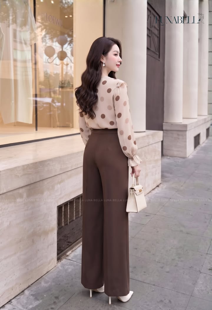 Quần dài cap cao ly dọc ELVARA màu NÂU chocolate