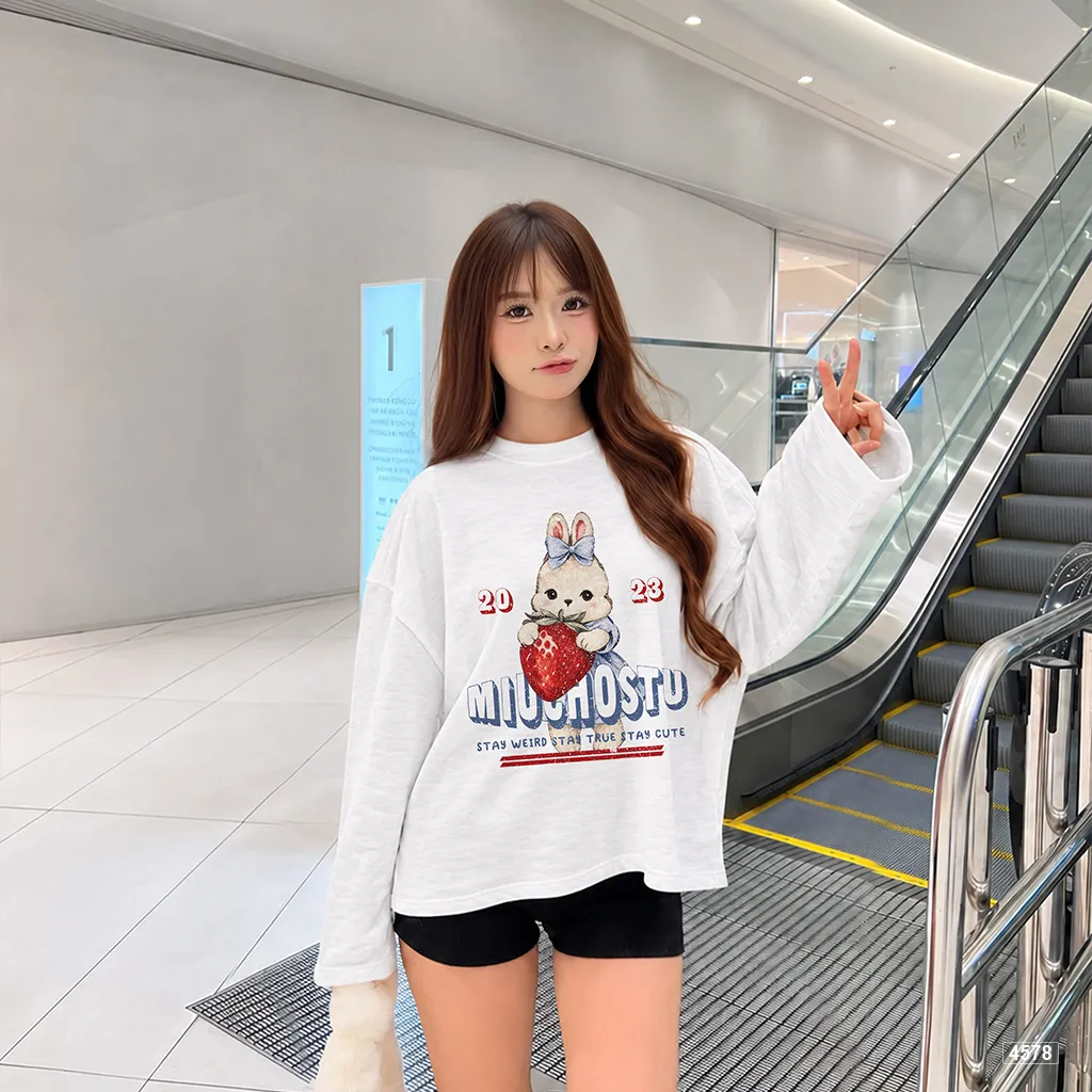 Áo thun nữ boxy tay dài cotton xước thỏ dâu đỏ Miucho 4578_thumbnail_2