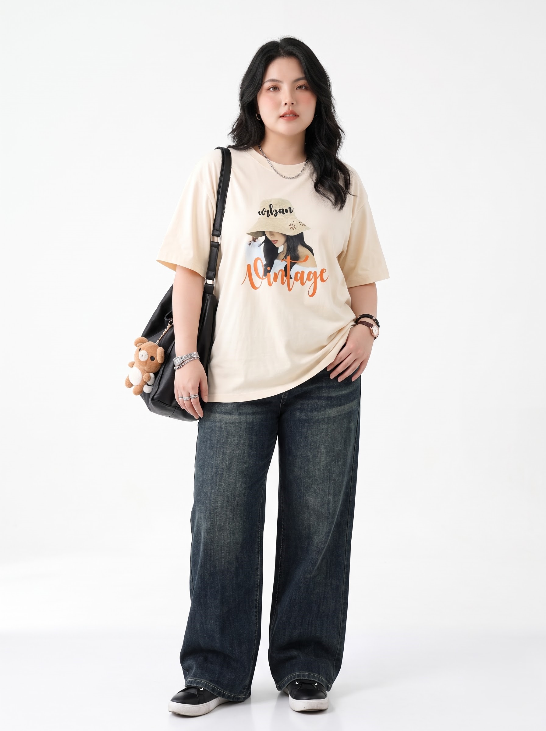 V-AK102-3 Plus-Size Oversized Girl-Graphic T-Shirt - Cream/Pink/Red/Black