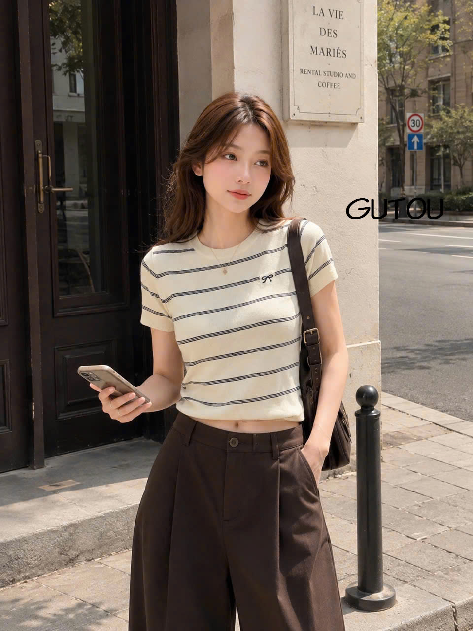 [ GUTOU ] Áo Len Mongtogi Tay Ngắn Sọc Ngang Họa Tiết Nơ Nhỏ_thumbnail_8