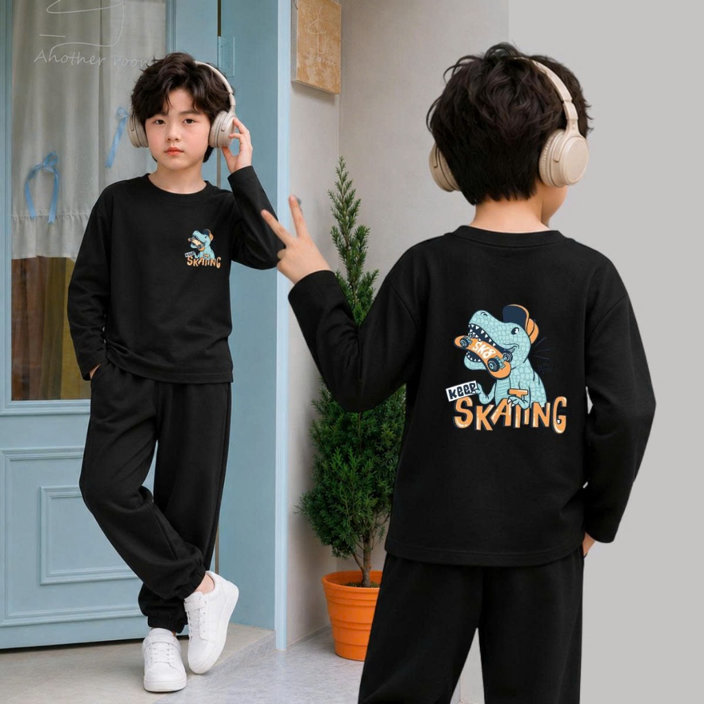 Set bộ Thu - Đông chất liệu cotton bé trai hình Khủng Long Skatin 2 mặt - Loza Kids BW721_thumbnail_3