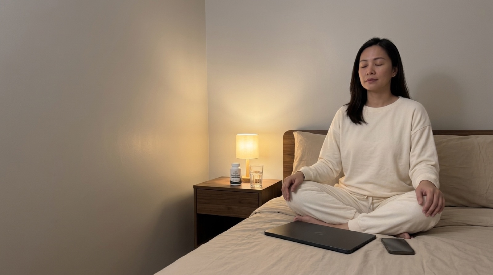 Woman taking a calm breath on her bed after a long workday