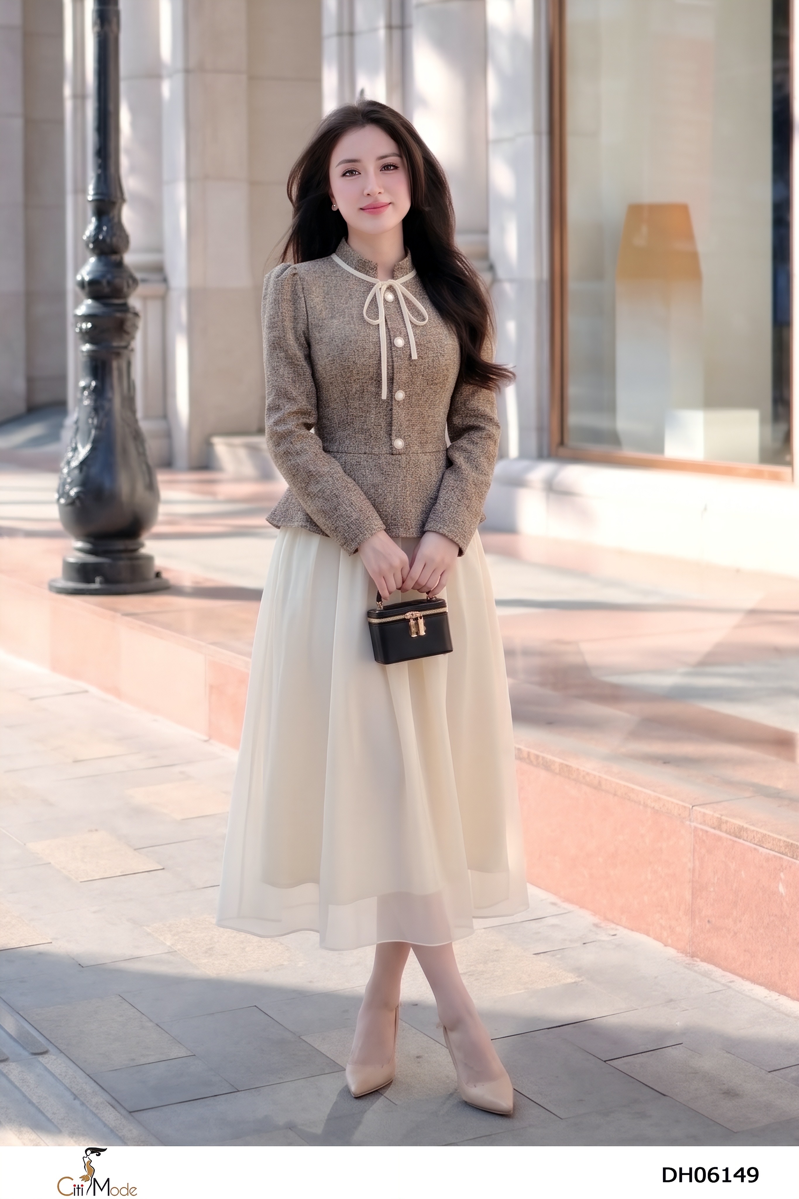 Đầm xòe voan tơ phối dạ ghi nâu cổ tròn tay dài_thumbnail_3
