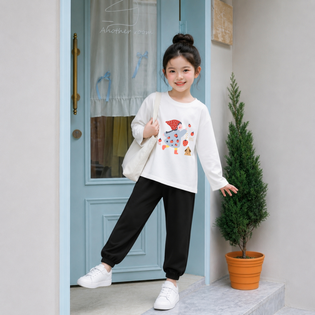 Set bộ Thu - Đông chất liệu cotton cho bé gái hình 'Cô gái đội mũ đỏ và những quả dâu' - Loza Kids BW714