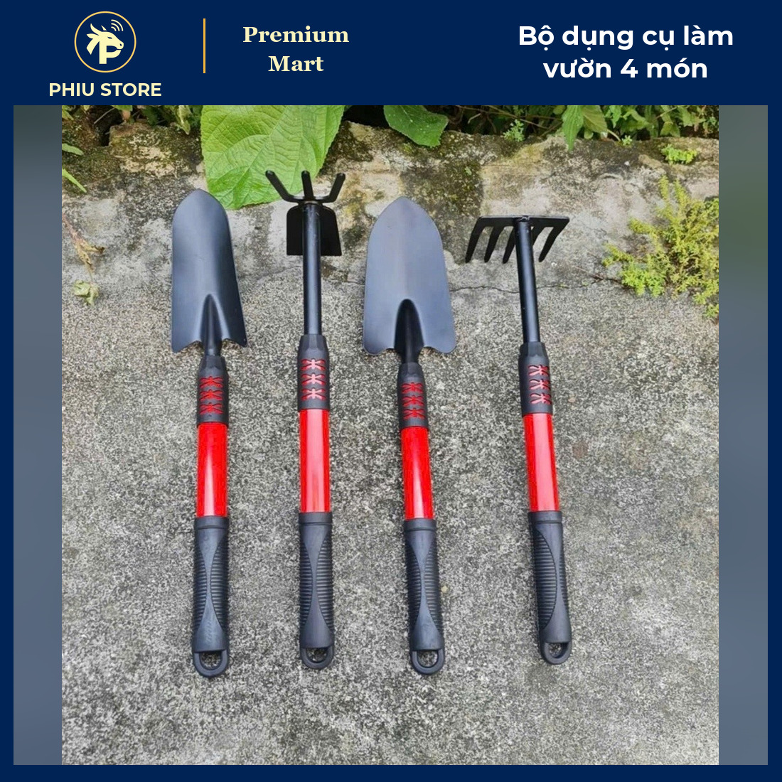 Bộ 4 Dụng Cụ Làm Vườn Gồm 2 Xẻng, Cuốc, Cào Tay Cầm Chống Trơn Dài 41–46,5 Cm - Trồng Cây Chậu, Ban Công - PHIU STORE