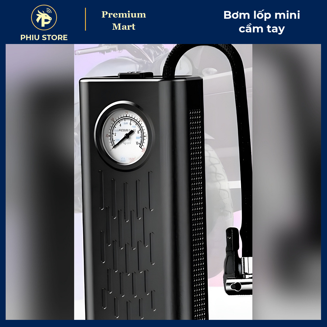 Máy Bơm Lốp Mini Cầm Tay Dùng Pin Sạc Có Đồng Hồ Kim - Bơm Hơi Ô Tô, Xe Máy, Xe Đạp, Xe Điện, Bóng - PHIU STORE