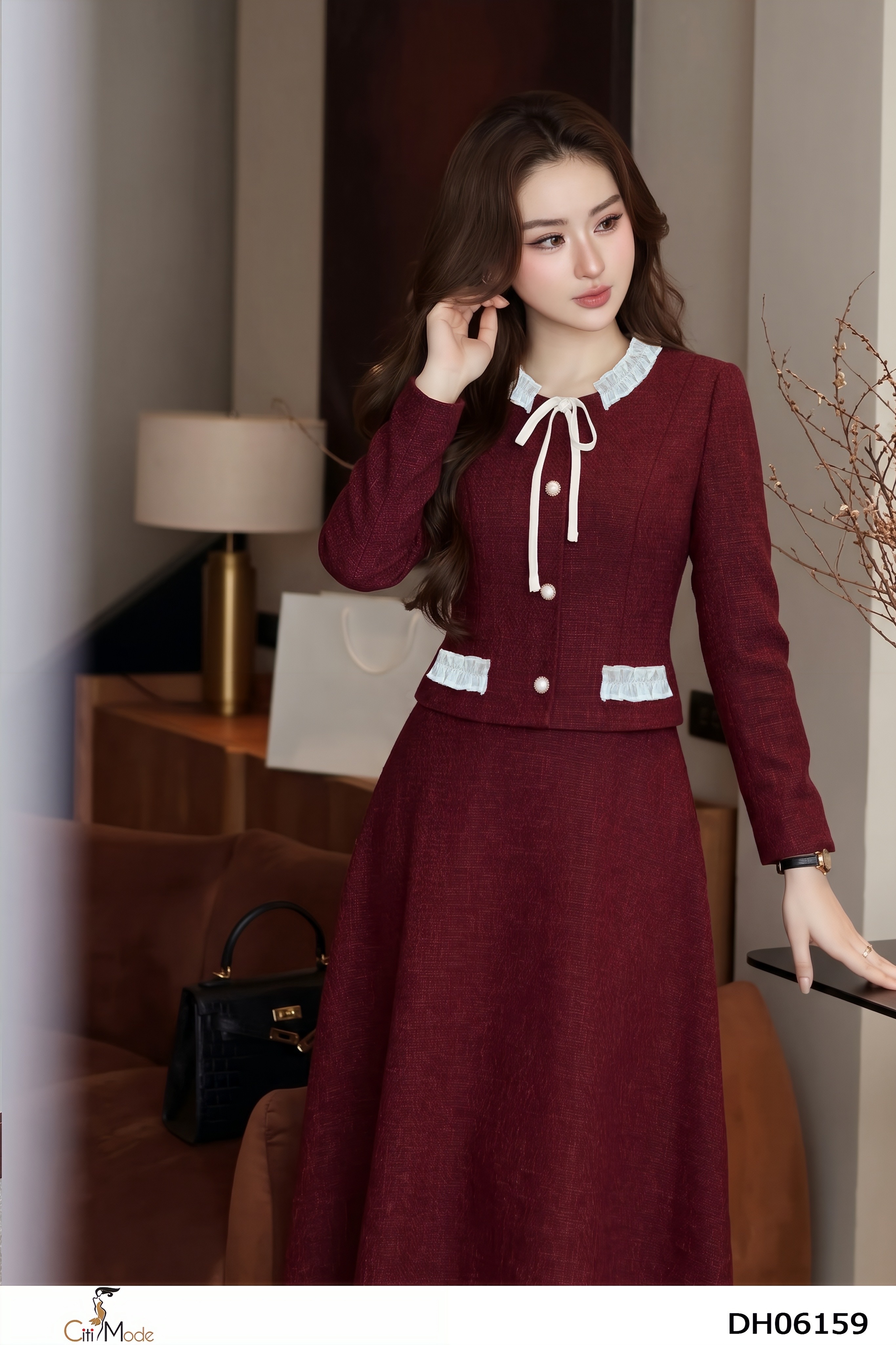 Đầm xòe dạ đỏ giả sét tay dài cổ nhún cách điệu_thumbnail_3