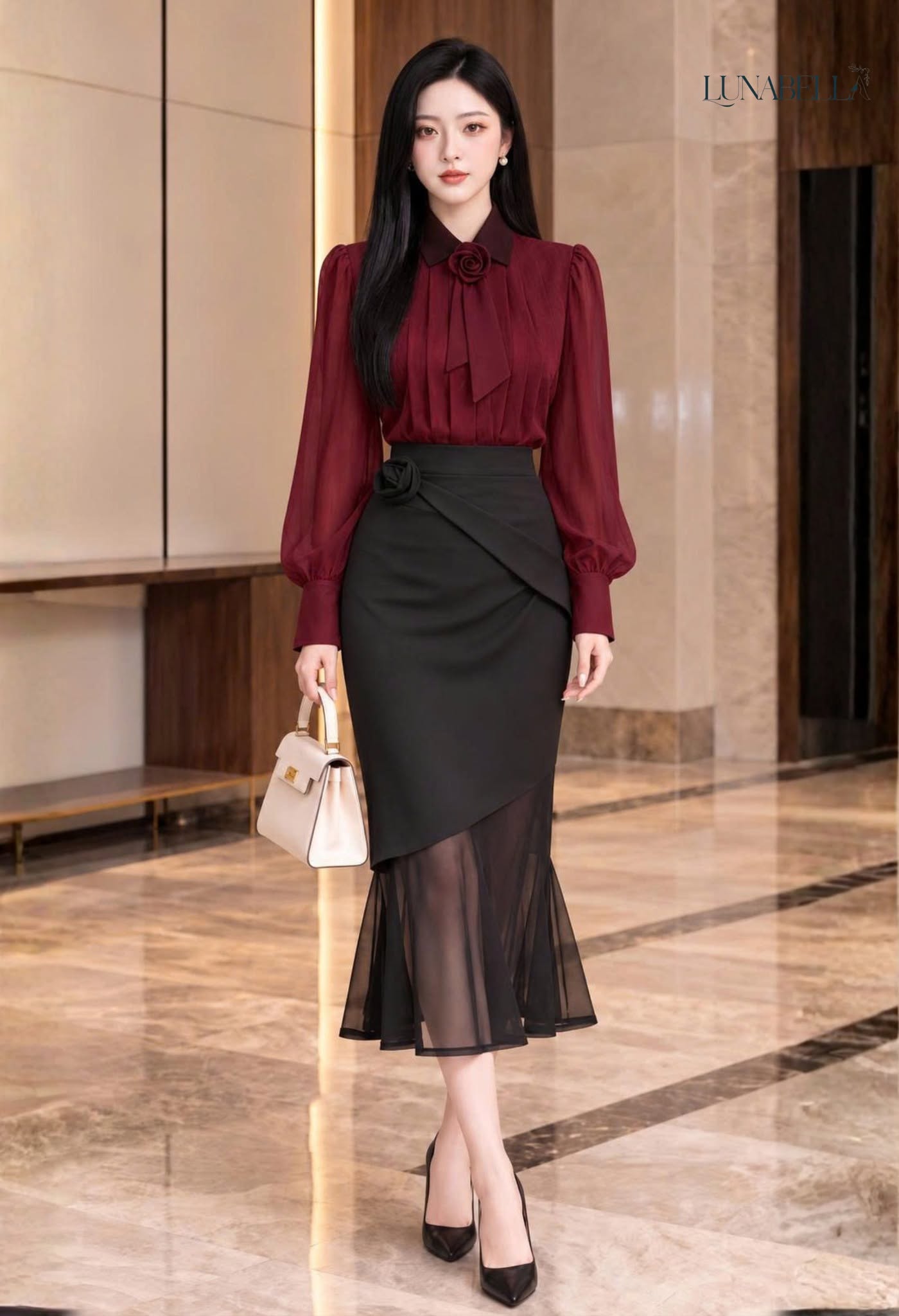 Áo sơ mi tay bông hoa cài cổ ROSALIA màu ĐỎ_thumbnail_2