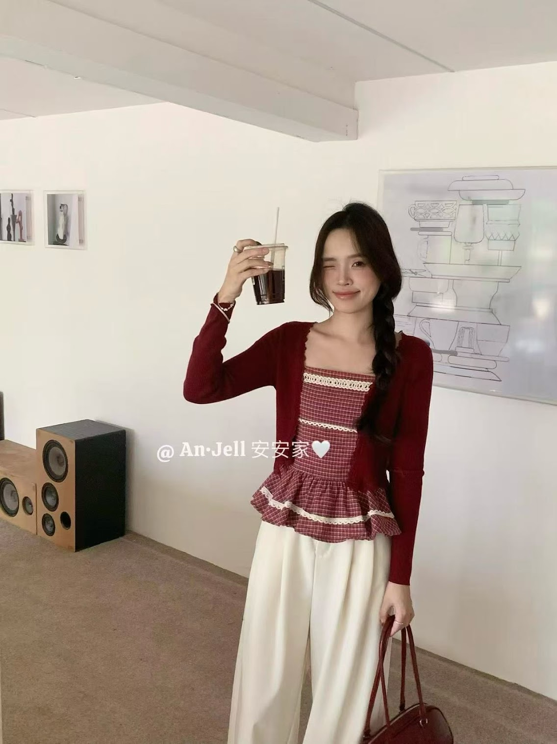 Lucas - Set áo thô caro 2 dây phối ren, gấu xòe peplum + áo khoác cardigan viền ren_thumbnail_2