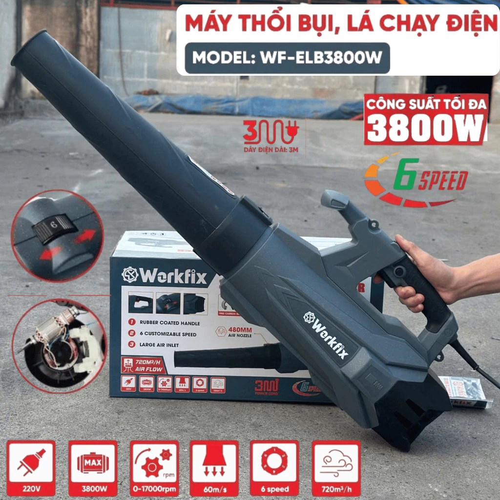 Máy Thổi Lá Điện Workfix WF ELB3800W 3800W – 6 Cấp Chỉnh Tốc Độ, Công Suất Lớn Chính Hãng