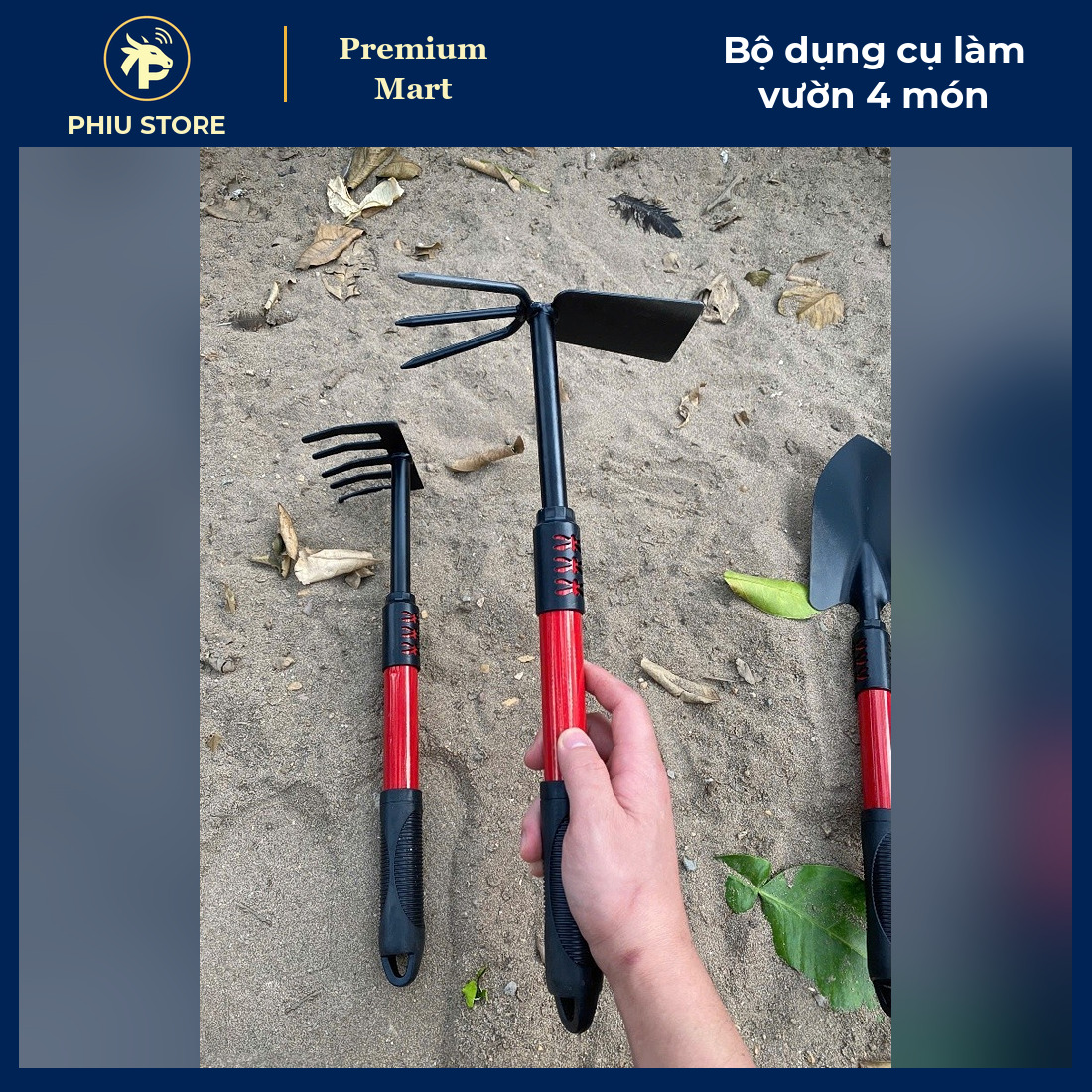 Bộ 4 Dụng Cụ Làm Vườn Gồm 2 Xẻng, Cuốc, Cào Tay Cầm Chống Trơn Dài 41–46,5 Cm - Trồng Cây Chậu, Ban Công - PHIU STORE_thumbnail_5