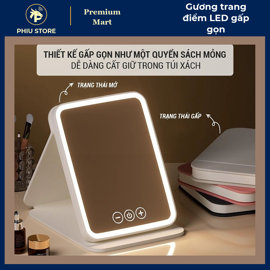 Gương Trang Điểm Có Đèn LED Gấp Gọn 3 Chế Độ Sáng, Pin Sạc 2400mAh, Để Bàn Mang Du Lịch - PHIU STORE_thumbnail_3