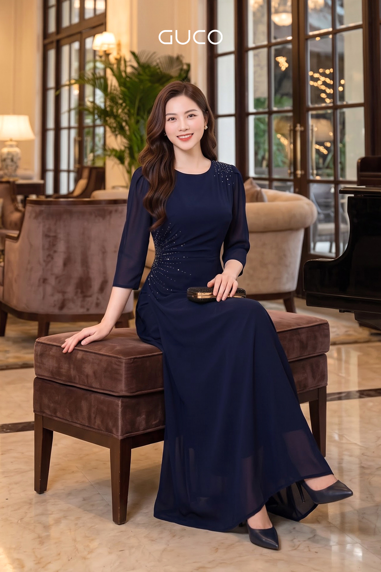 Đầm Dạ Hội Xanh Navy Tay Lỡ Đính Đá - 5276_thumbnail_1
