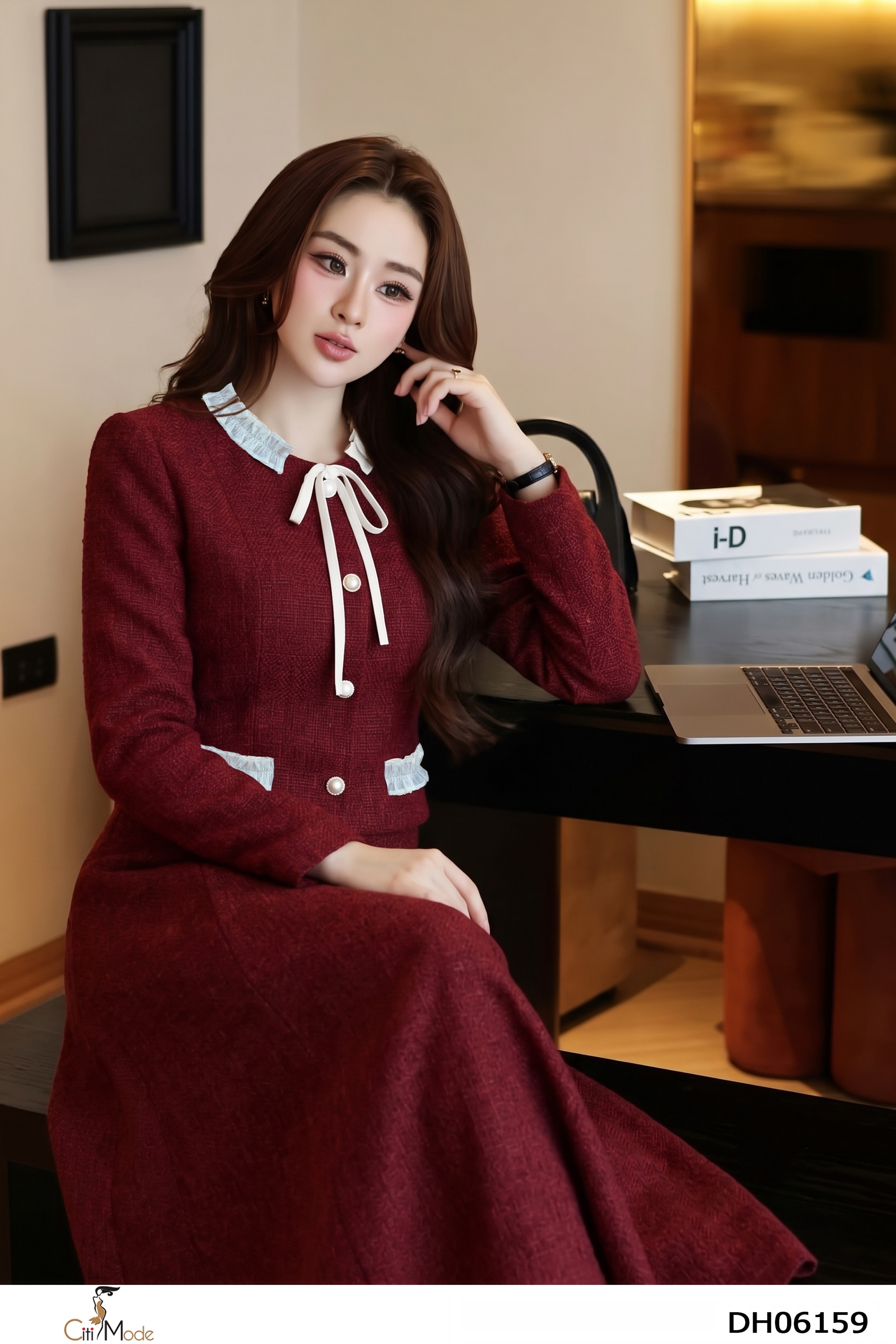 Đầm xòe dạ đỏ giả sét tay dài cổ nhún cách điệu_thumbnail_2