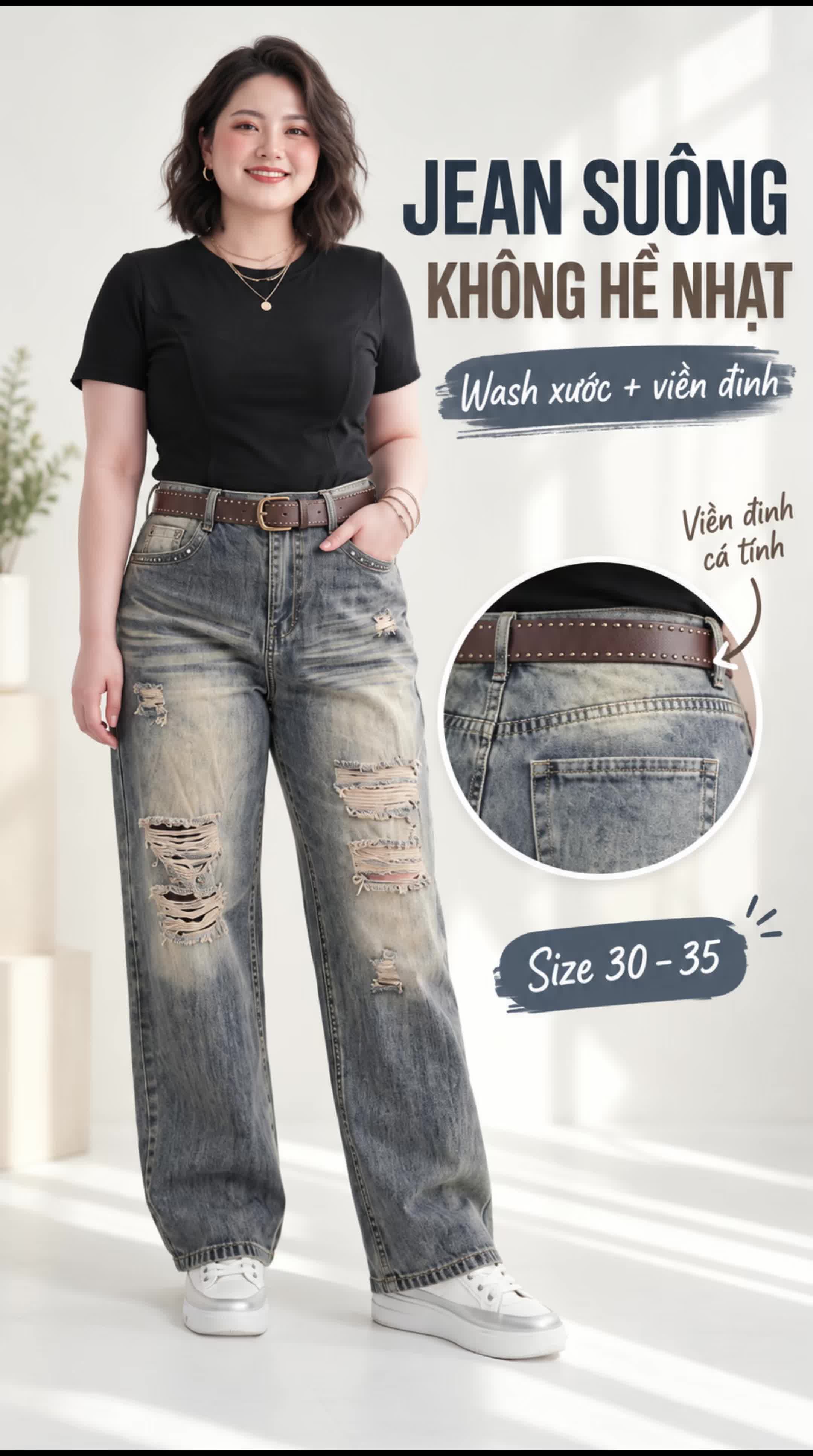 Mặc thử Quần Jean Suông Viền Đinh T-QJ646