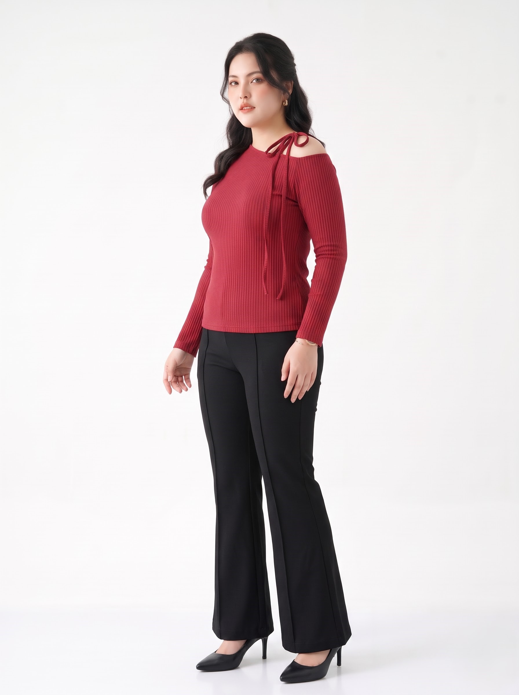 Áo Thun Gân Lệch Vai Thắt Nơ Bigsize Form Ôm Tay Dài - Đỏ - Vừa 55–95kg - V-AK136
