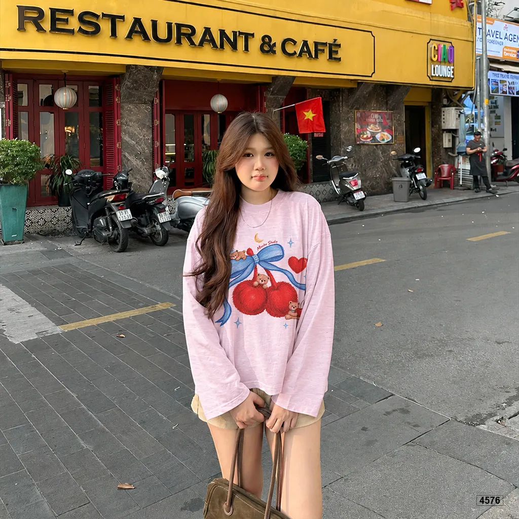 Áo thun nữ boxy tay dài chất cotton xước Teddy Táo đỏ Miucho 4576_thumbnail_4