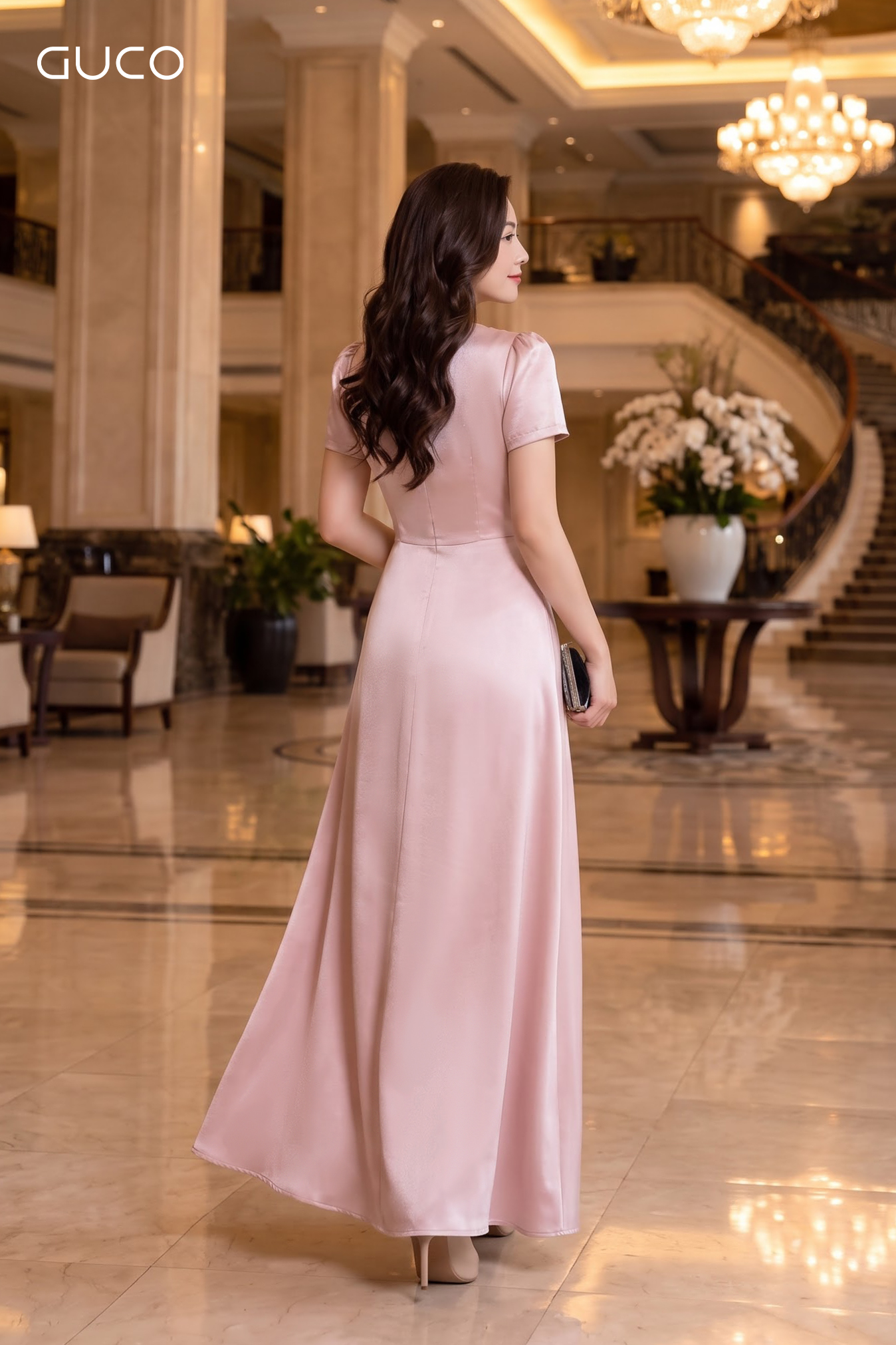 Đầm Dự Tiệc Lụa Hồng Nude Cổ Thuyền Đính Hoa - 5264_thumbnail_3