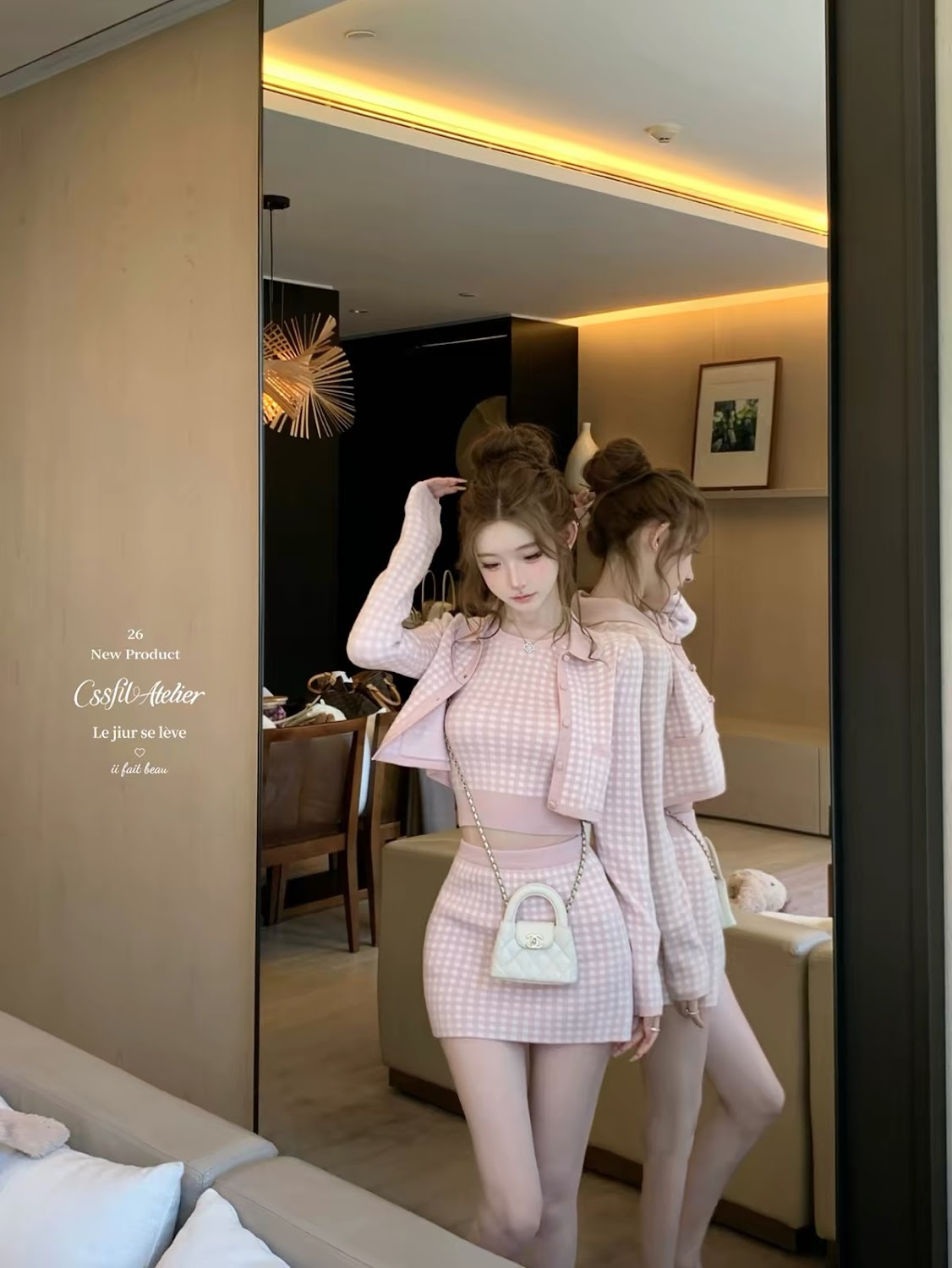 Lucas - Set váy len 3 chi tiết áo yếm + áo khoác cài cúc + chân váy ngắn họa tiết caro cổ sen