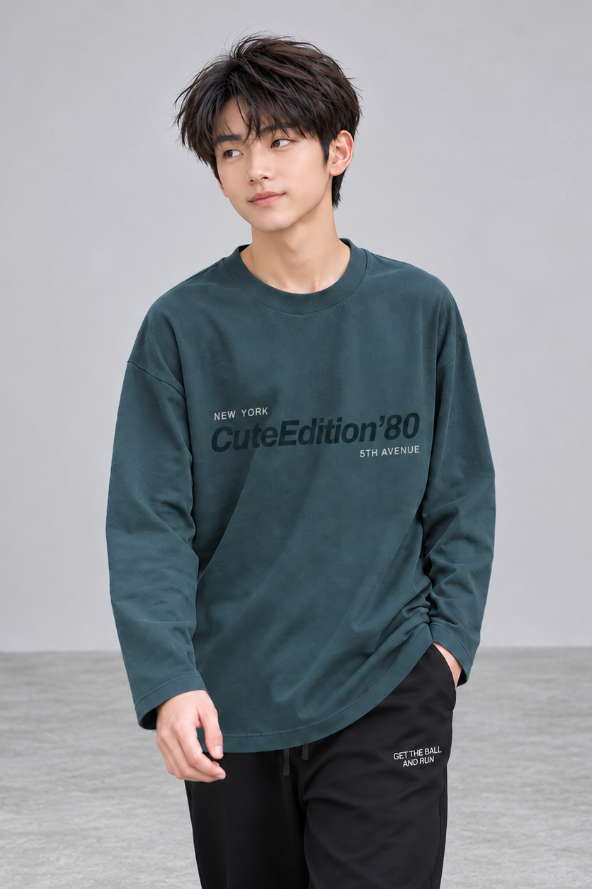 Áo phông dài tay nam tuổi teen xanh cổ vịt