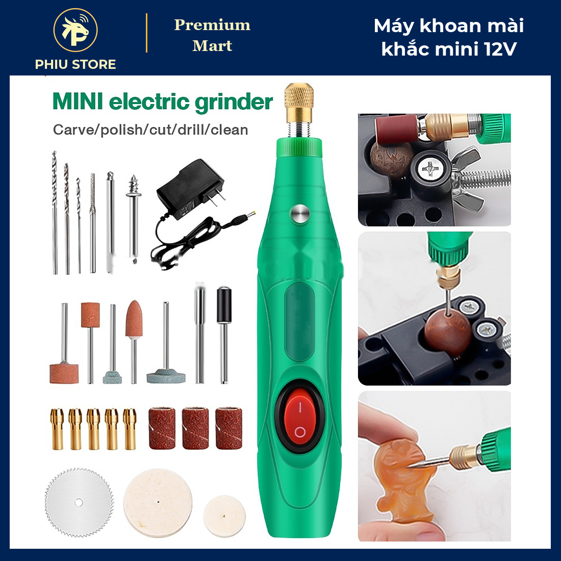 Máy Khoan Mài Khắc Mini Cầm Tay 12V 13W Kèm Bộ 27 Món Đầu Mài, Đầu Khoan, Đĩa Cắt, Đánh Bóng - PHIU STORE